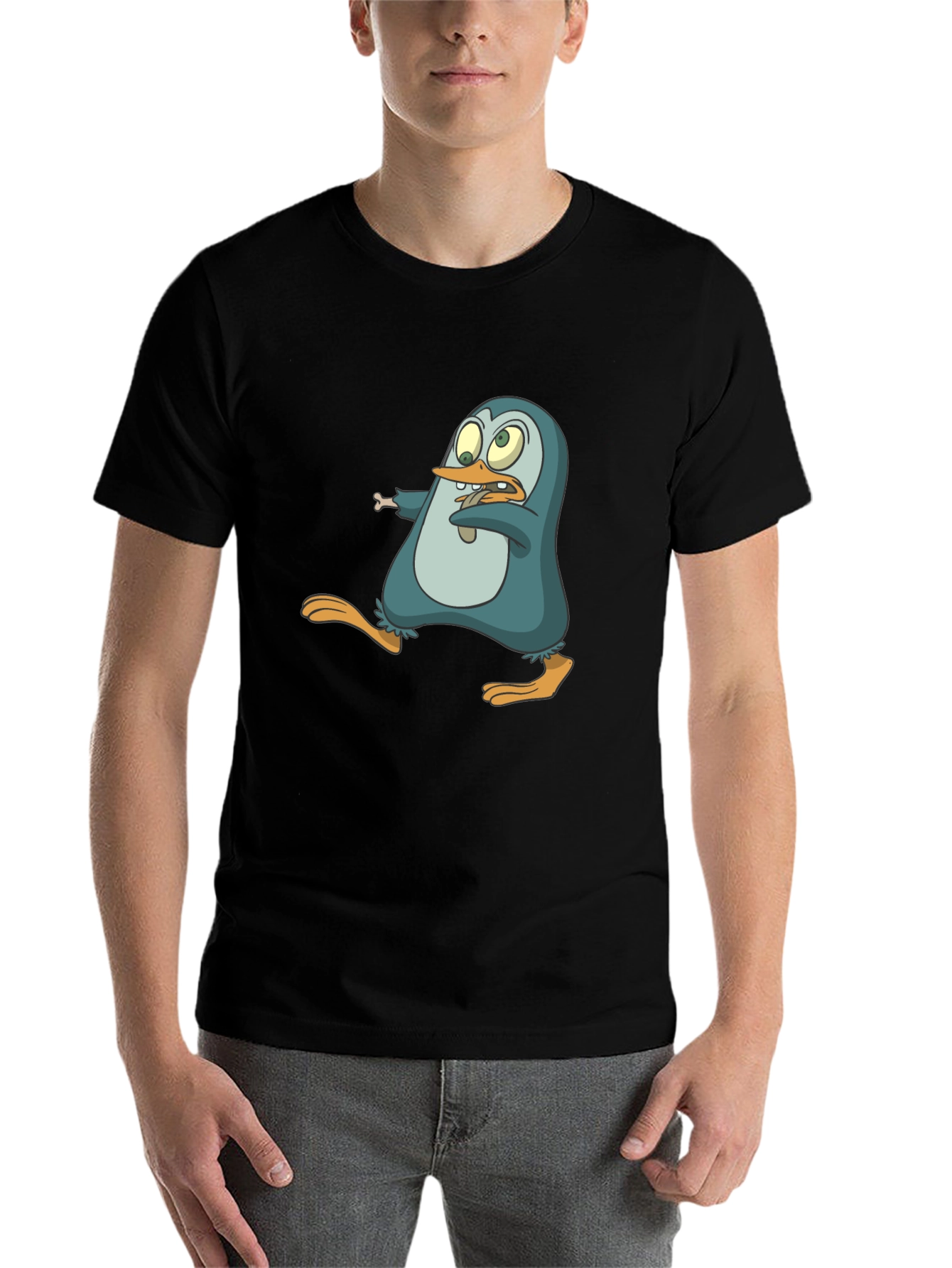 Black Cartoon Penguin Graphic Tee - Men's Black T-Shirt view 7