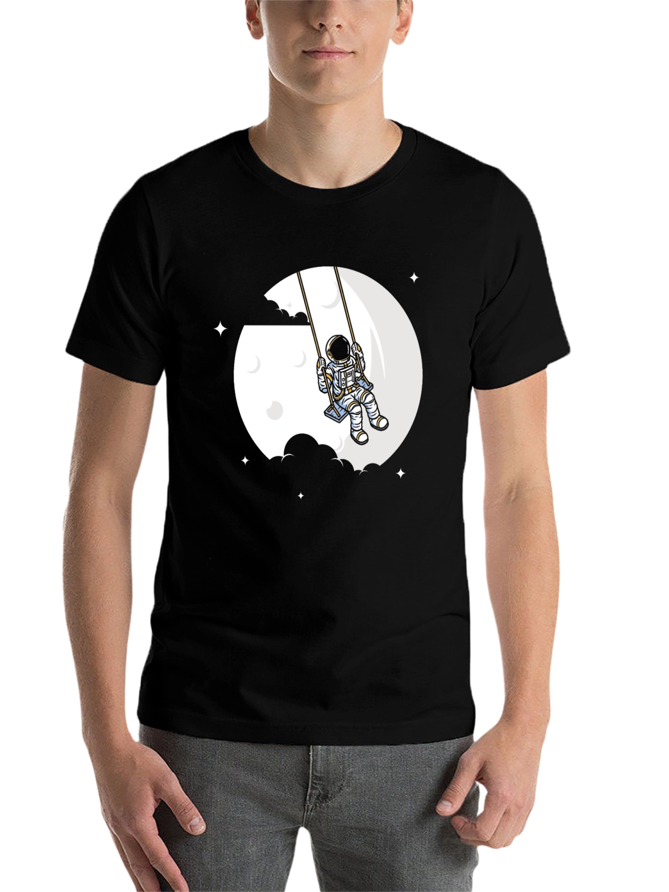 Black Astronaut Moon Swing Graphic T-Shirt - Unique Space Design view 7