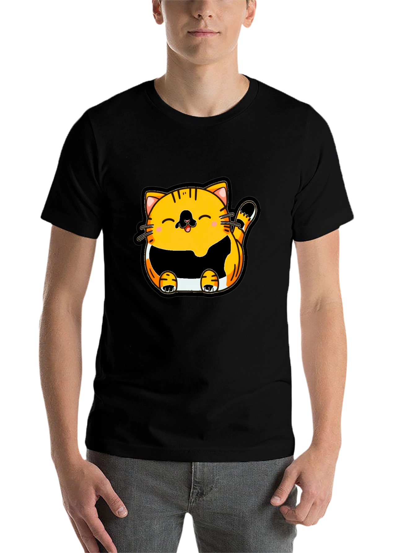 Black Cute Cartoon Cat Graphic T-Shirt - Black view 7