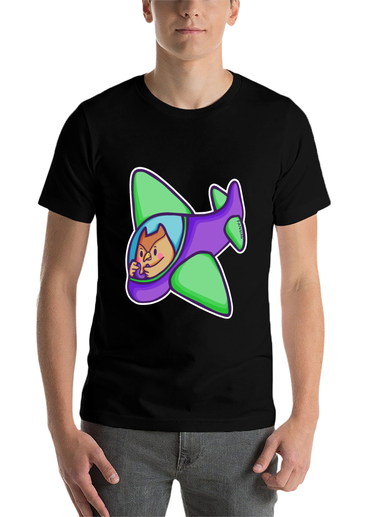 Black Cartoon Owl in Plane Graphic T-Shirt view 7