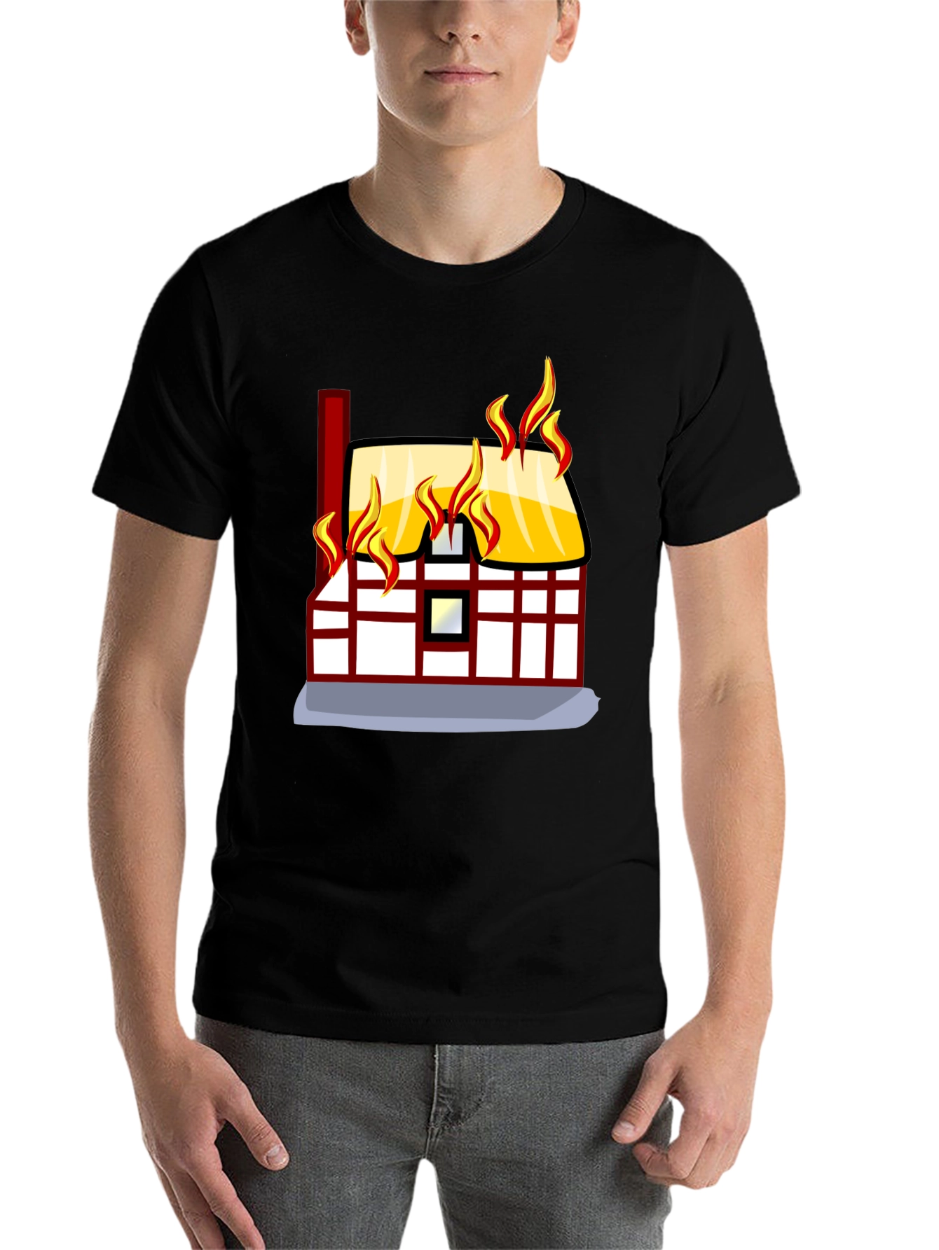 Black Burning House Graphic Tee - Black Cotton T-Shirt view 7