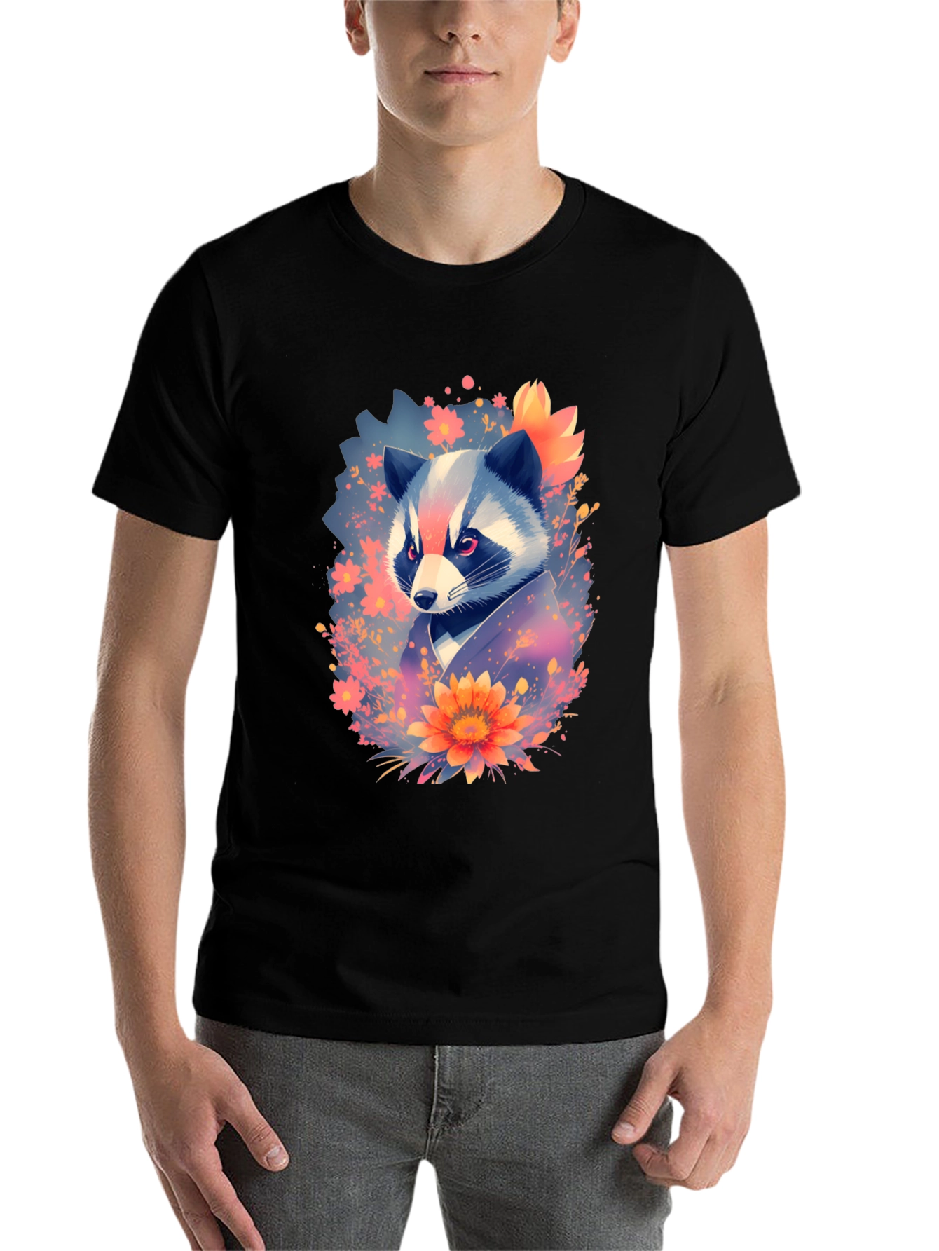 Black Floral Raccoon Graphic Black T-Shirt view 7
