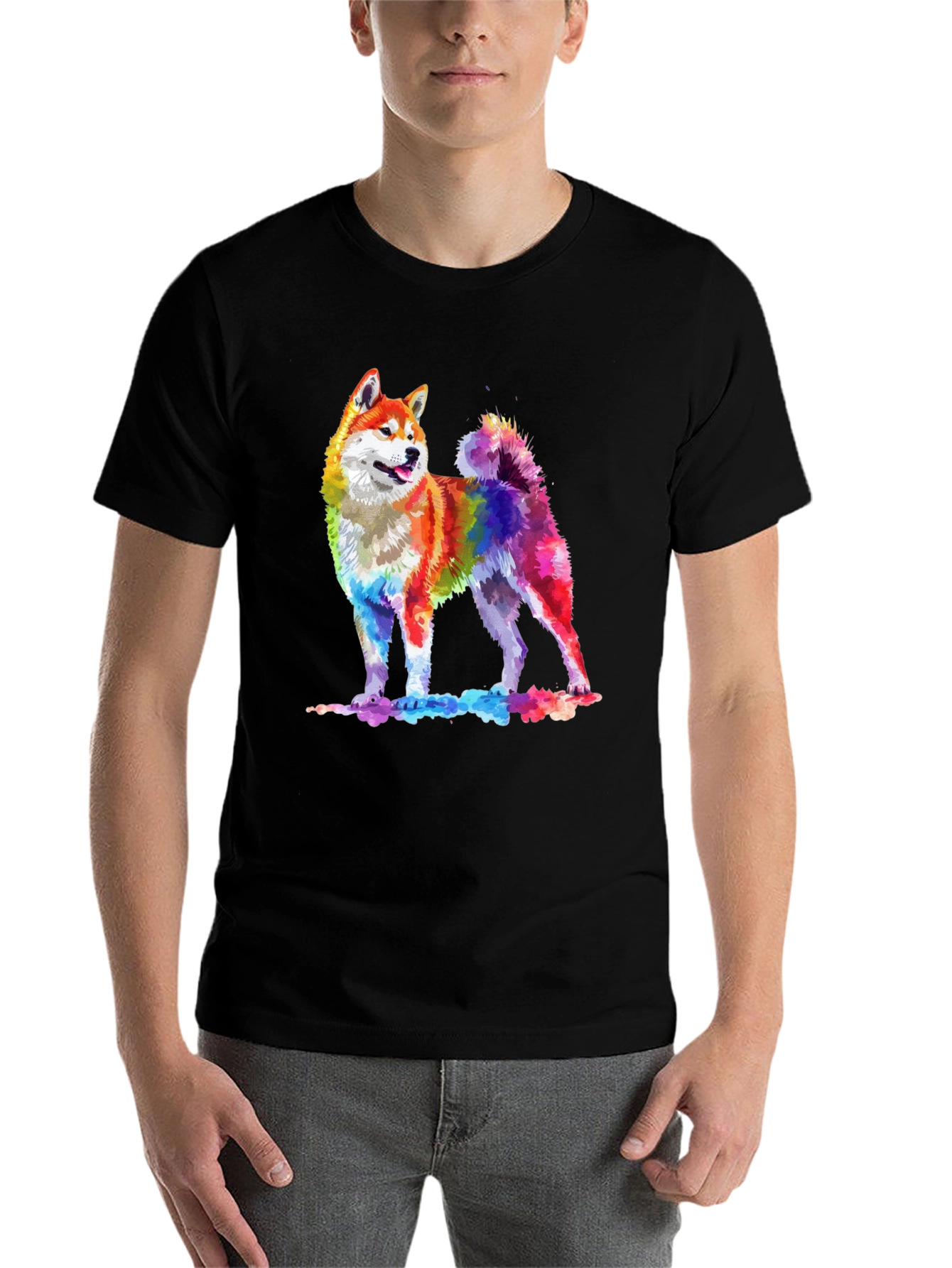 Rainbow Akita Dog Graphic Tee - Stylish Men's Black T-Shirt - 7