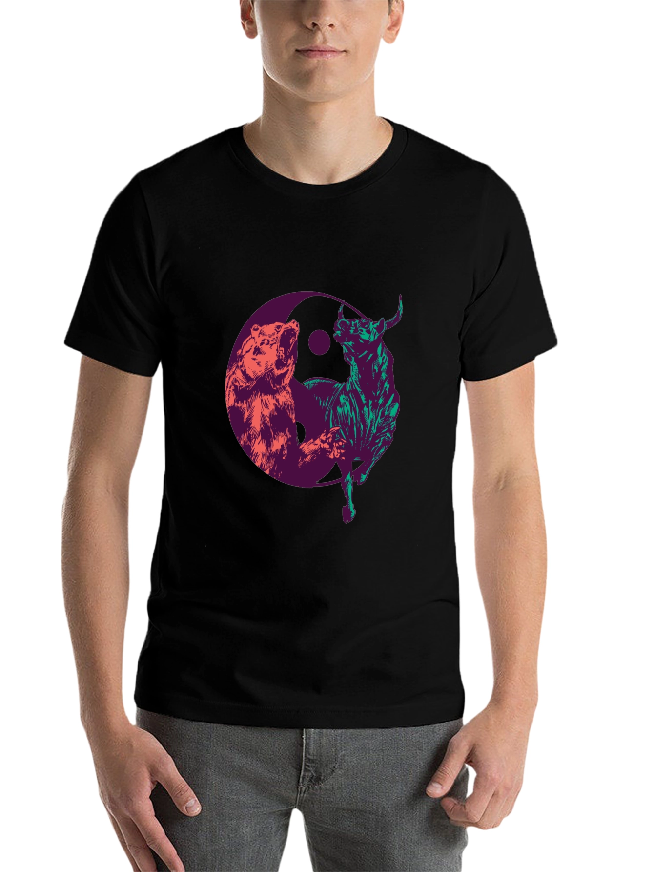 Black Yin Yang Bull and Bear Graphic T-Shirt view 7