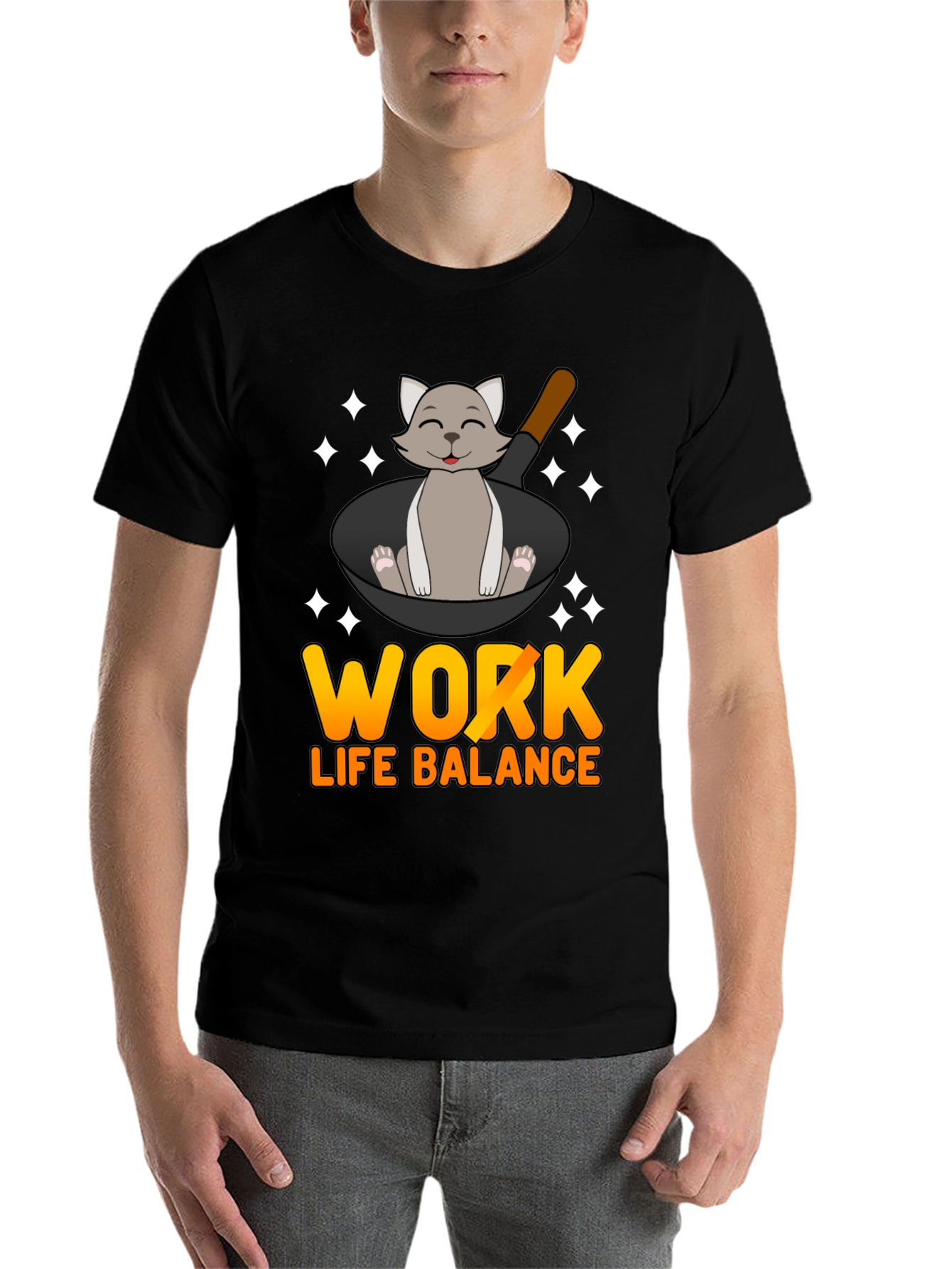 Black Work Life Balance Cat Pan T-Shirt view 7