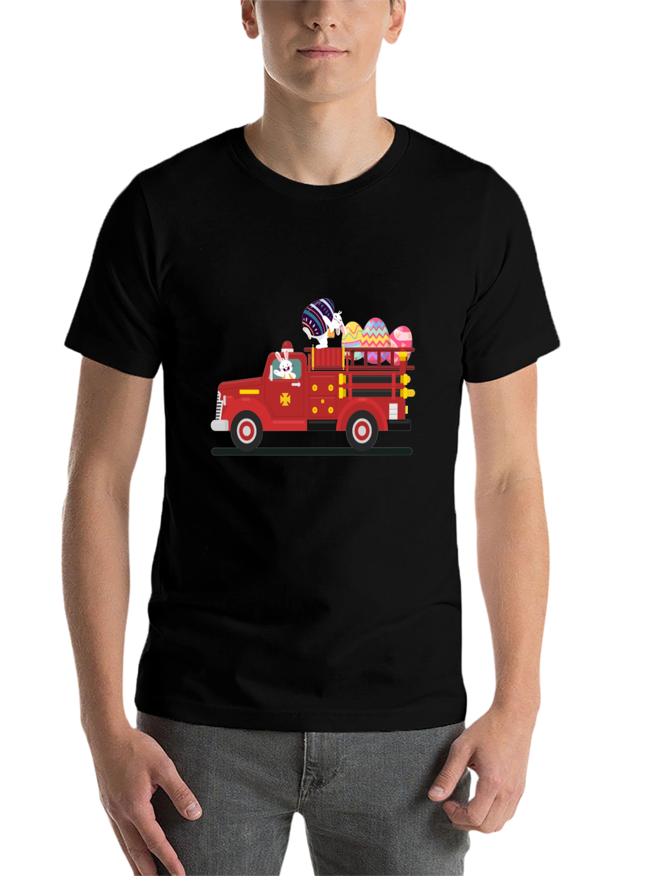 Camiseta Negra con Diseño de Camión de Pascua