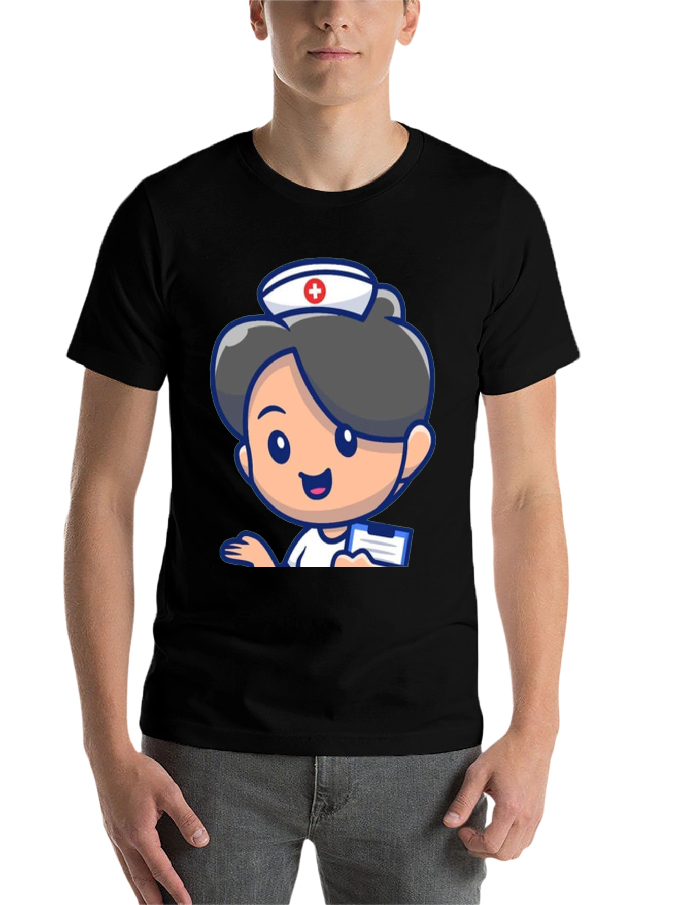 Black Cartoon Nurse Graphic Tee - Novelty Black T-Shirt view 7