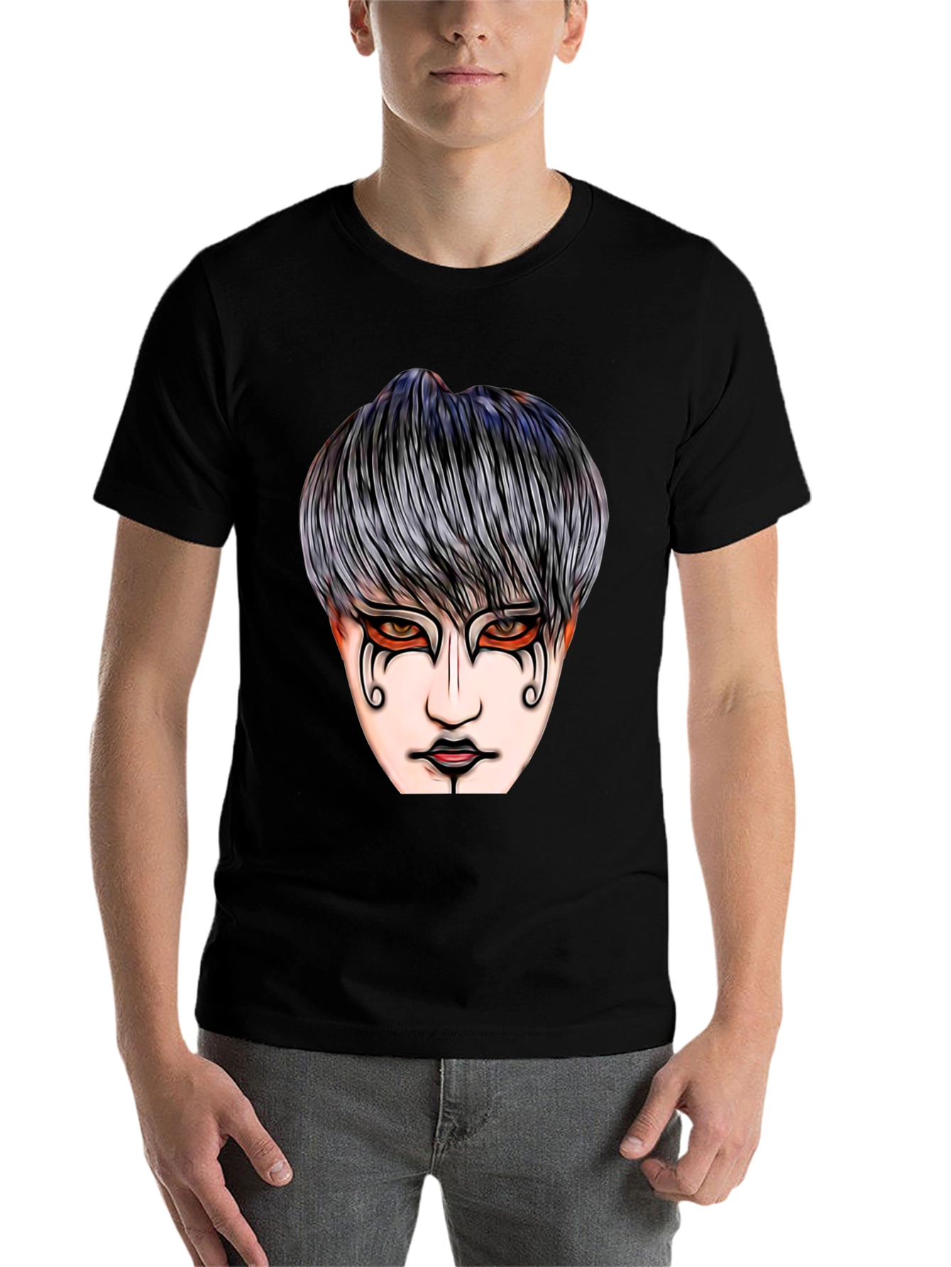 Black Graphic Print T-Shirt with Mysterious Face Design view 7