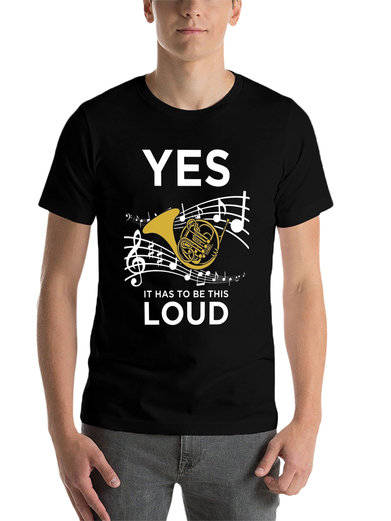 Black Funny French Horn Music T-Shirt view 7