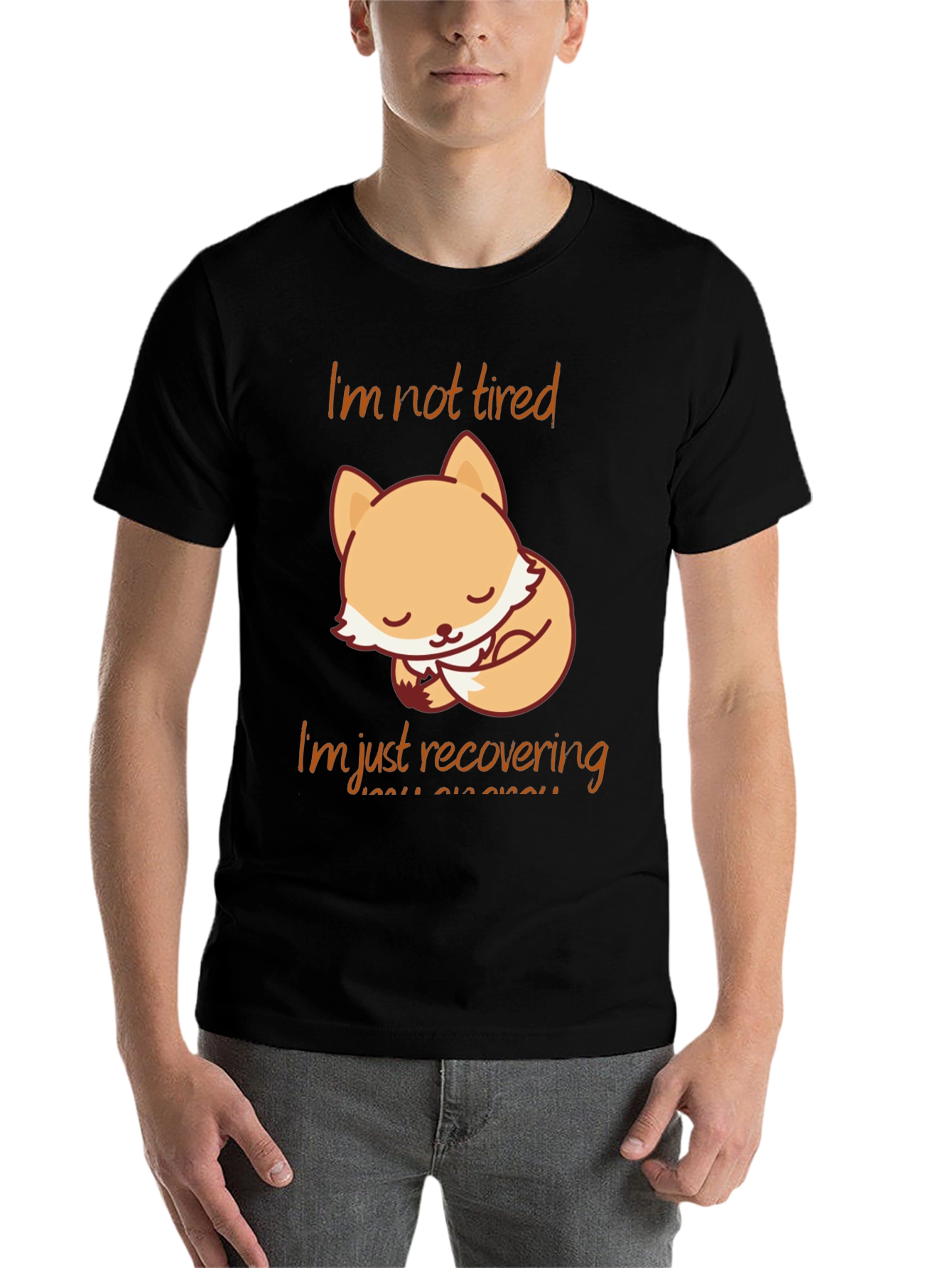 Black Cute Fox "I'm Not Tired" Graphic T-Shirt view 7