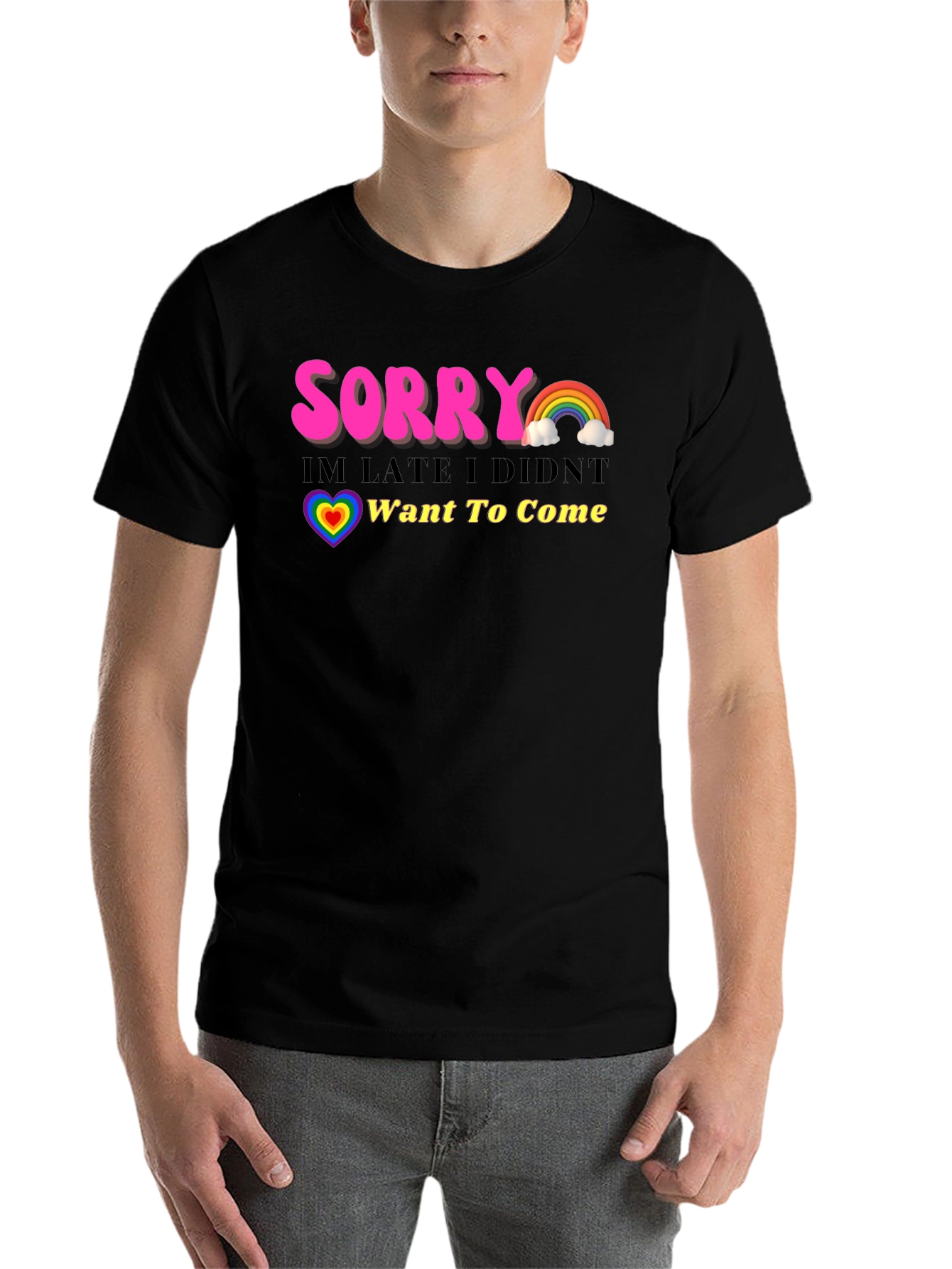 Black Funny Sorry I'm Late Rainbow Graphic T-Shirt view 7