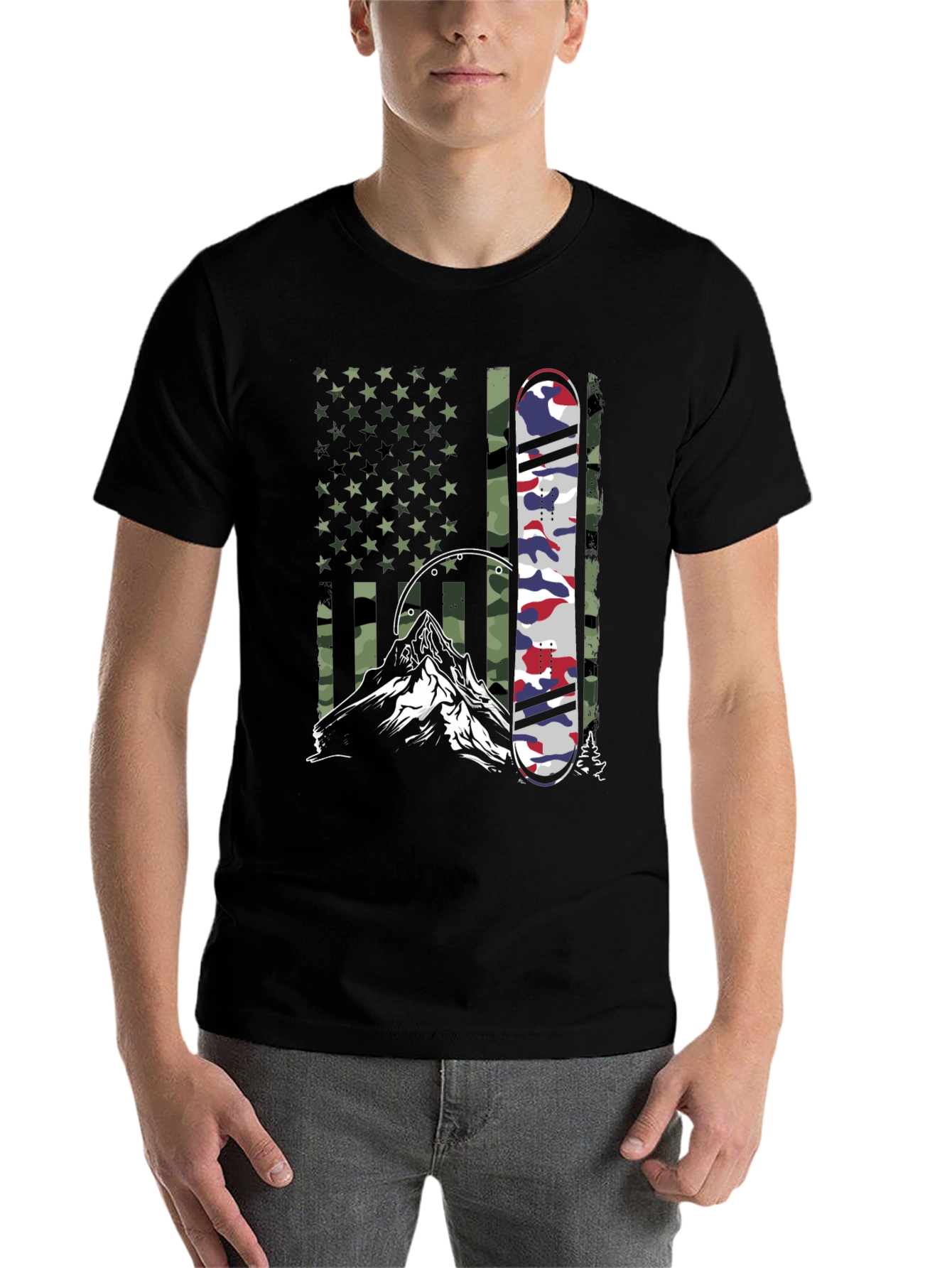Black American Flag Camo Snowboard Mountain Graphic Tee view 7