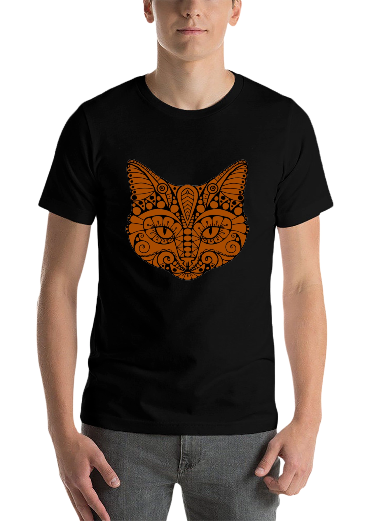 Black Tribal Cat Graphic Tee - Stylish Black T-Shirt view 7