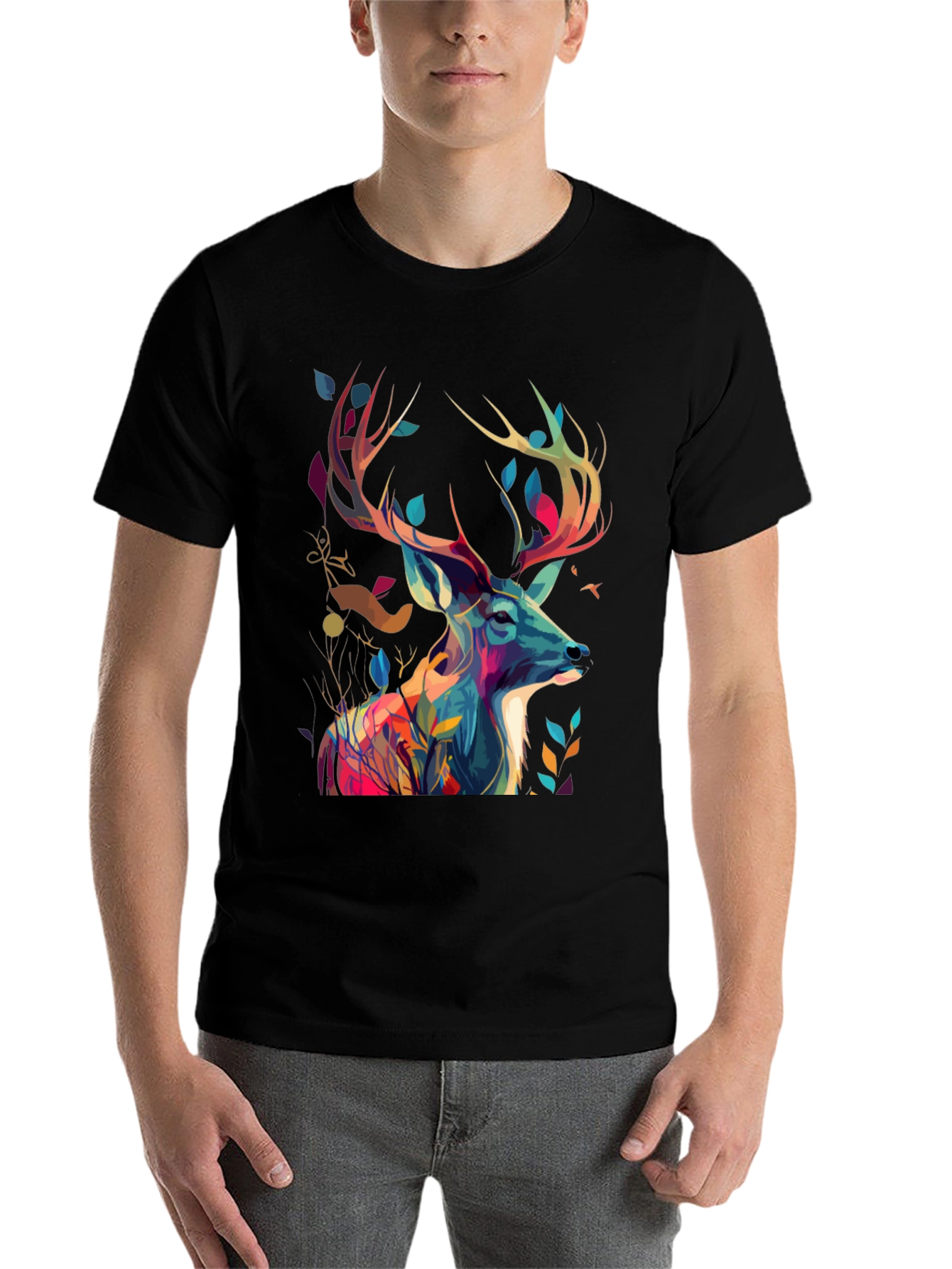 Black Artistic Deer Graphic Tee - Black Cotton Blend view 7