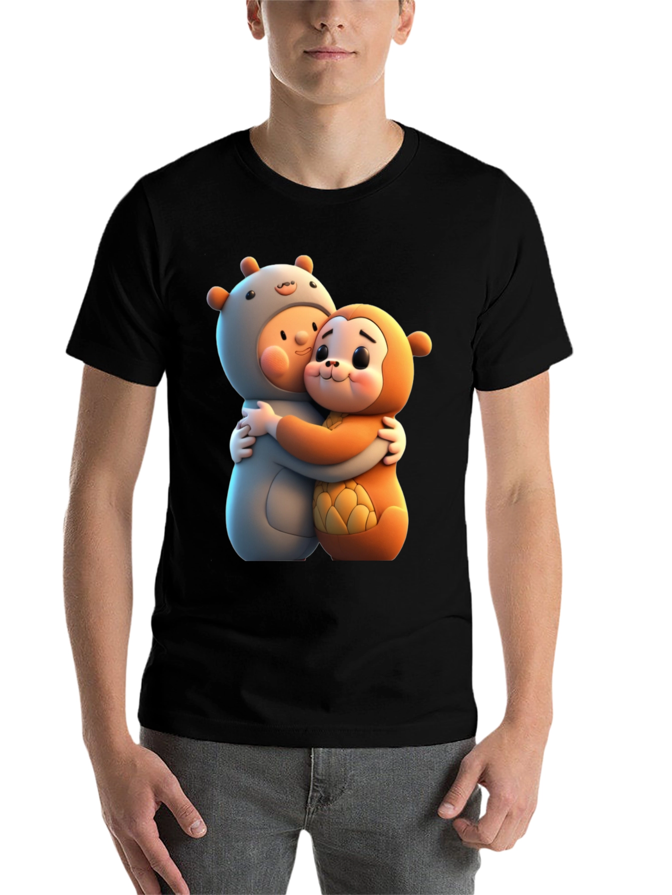 Black Cute Cartoon Character Hug Graphic Tee view 7