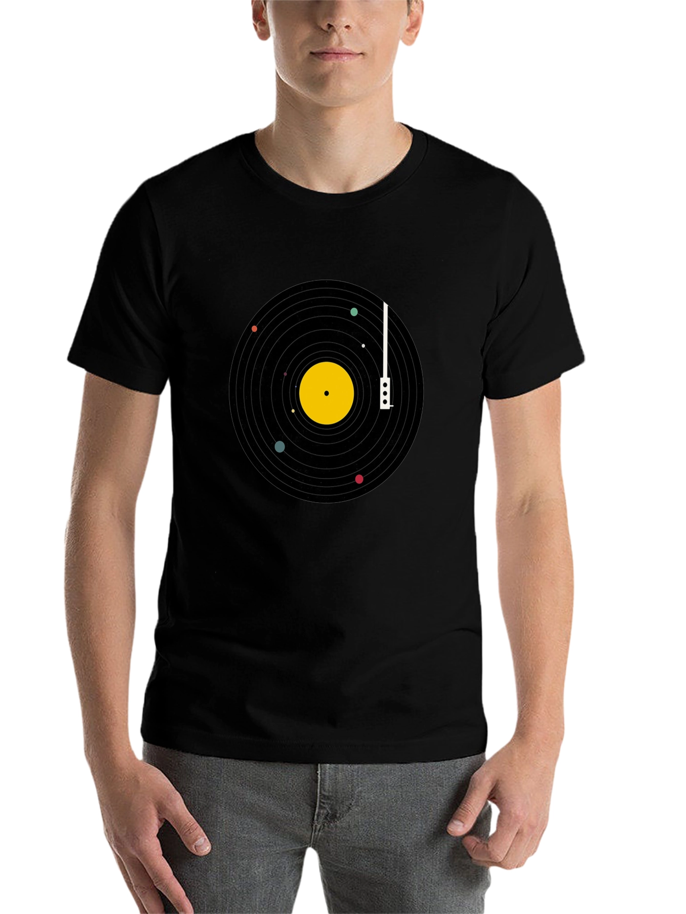 Black Planetary Vinyl Record T-Shirt - Black Cotton Tee view 7