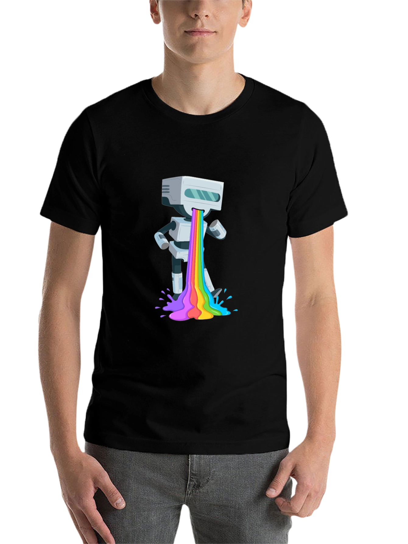 Black Robot Rainbow Puke Graphic T-Shirt view 7