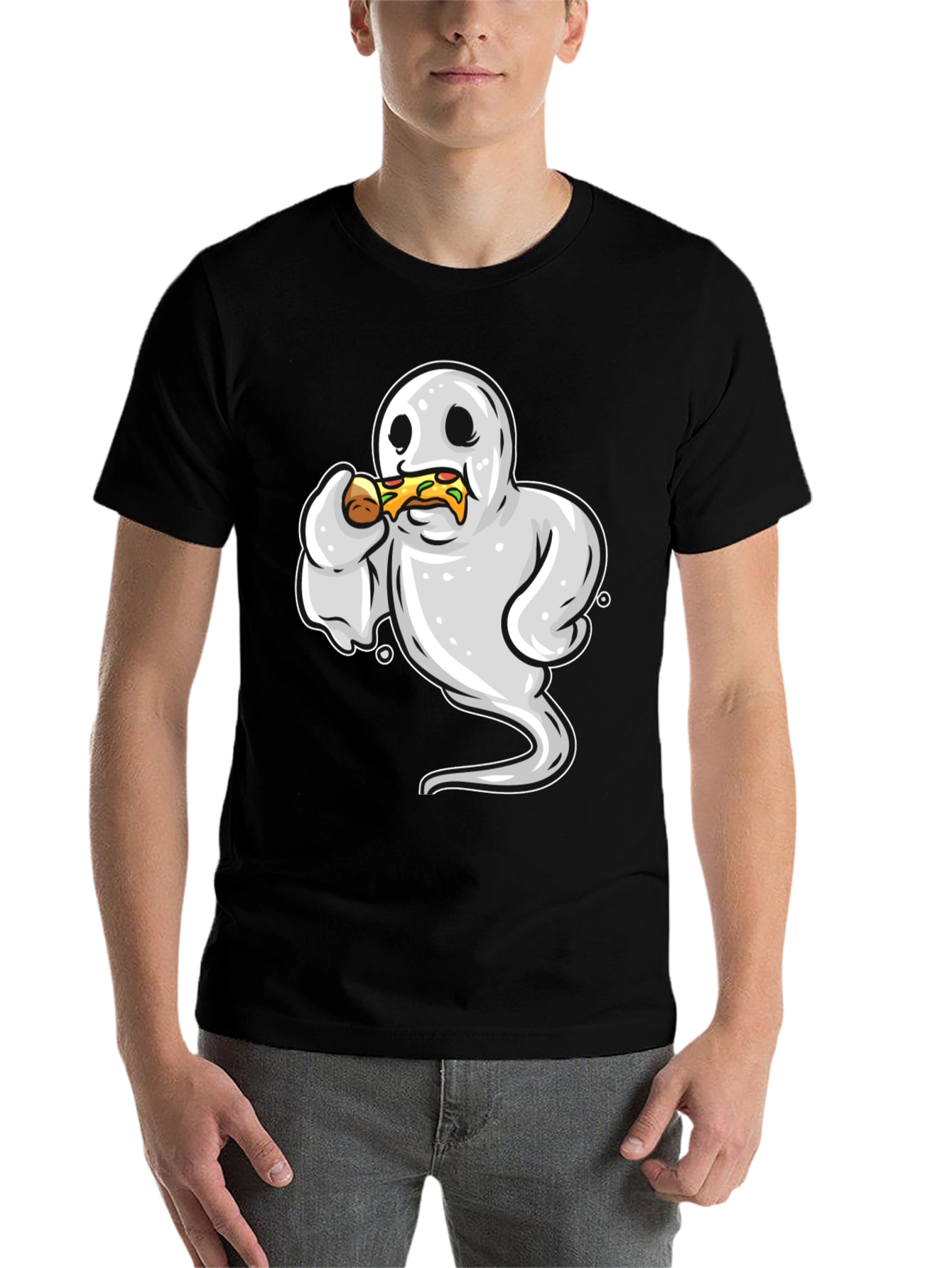 Black Ghost Eating Pizza Funny Graphic Tee view 7