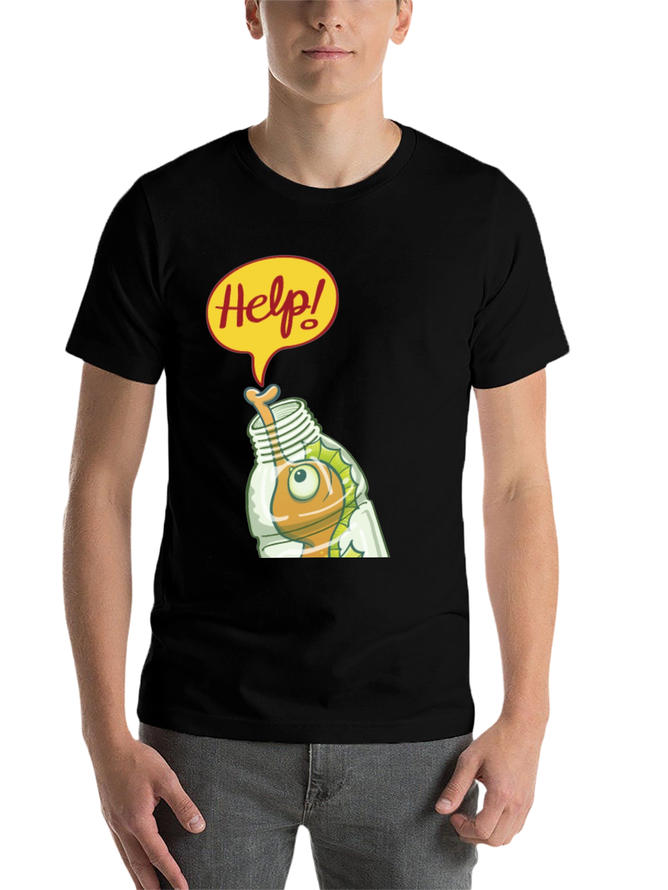 Black Help! Cartoon Fish in Bottle Graphic T-Shirt view 7