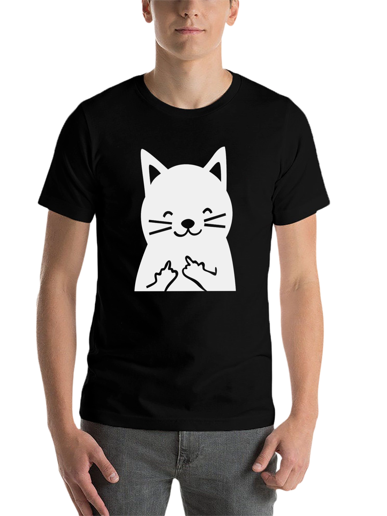 Black Funny Cat Middle Finger Graphic T-Shirt view 7