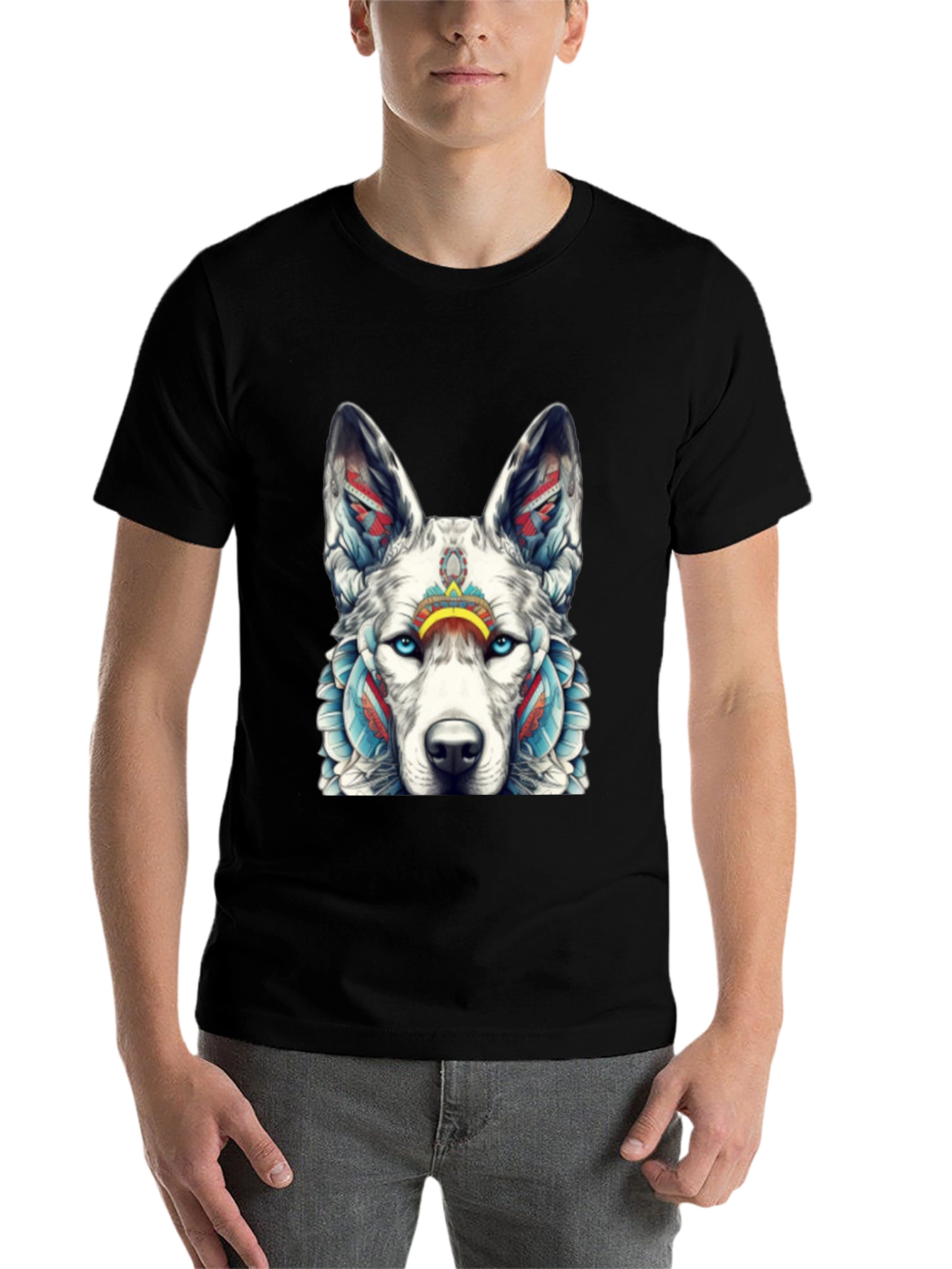 Black Wolf Graphic Tee - Tribal Style T-Shirt view 7