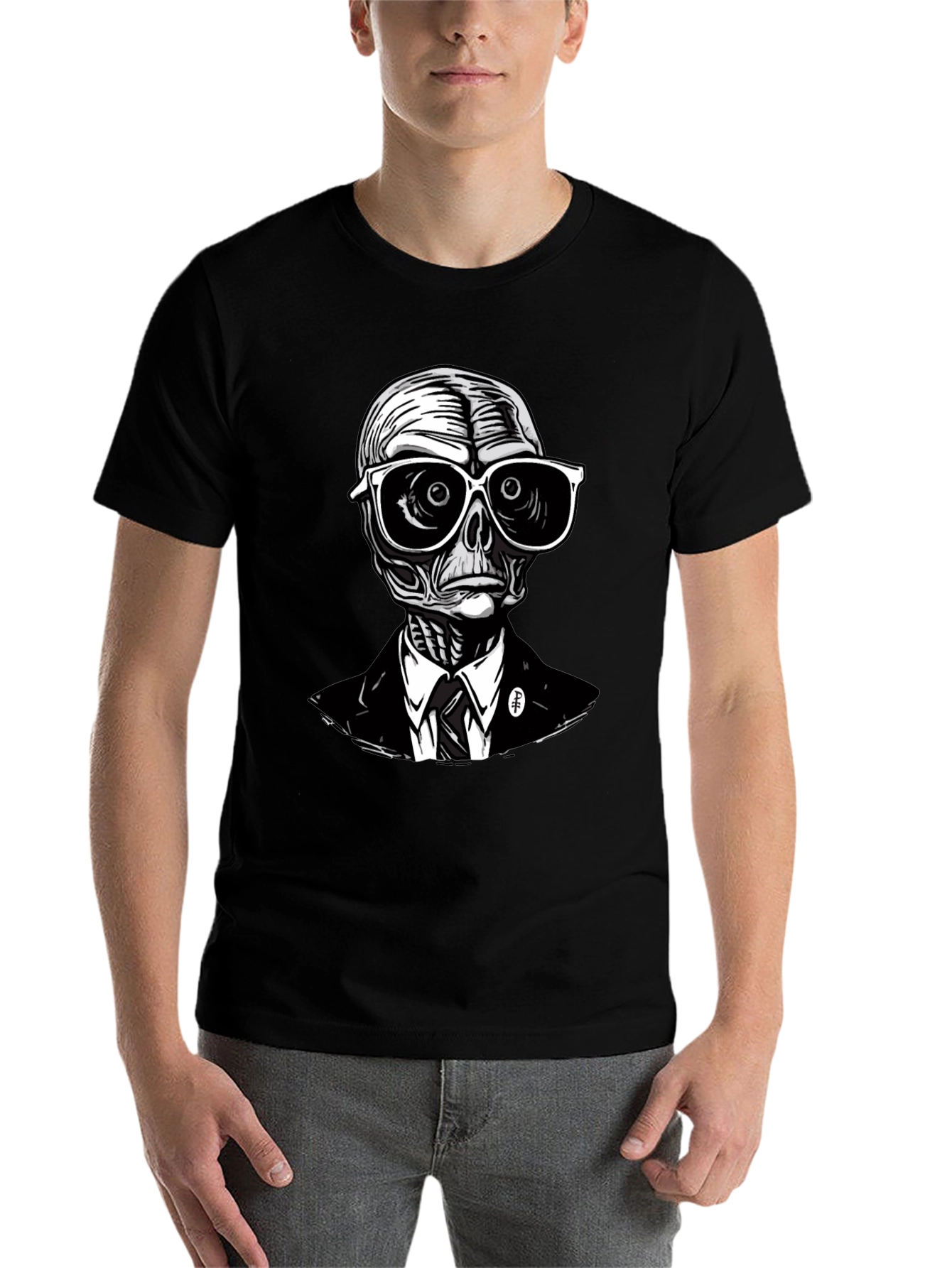 Black Skeleton in Suit Graphic Tee - Unique Design view 7