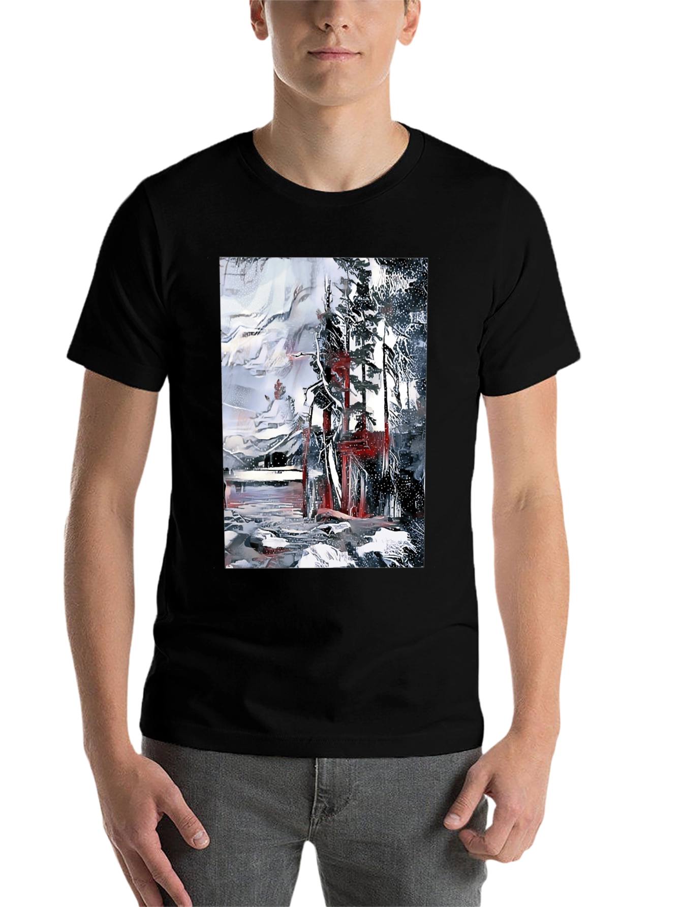 Black Abstract Winter Scene Black T-Shirt view 7
