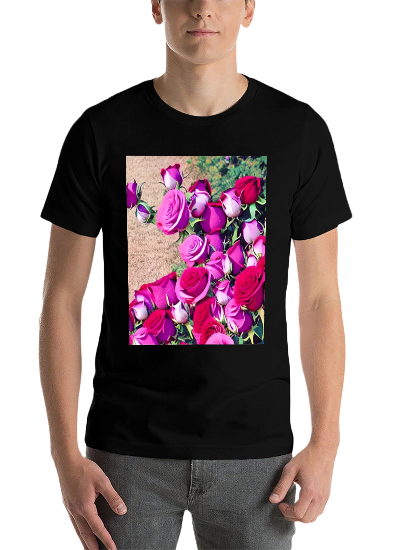 Black Floral Print T-Shirt: Roses Graphic Tee view 7