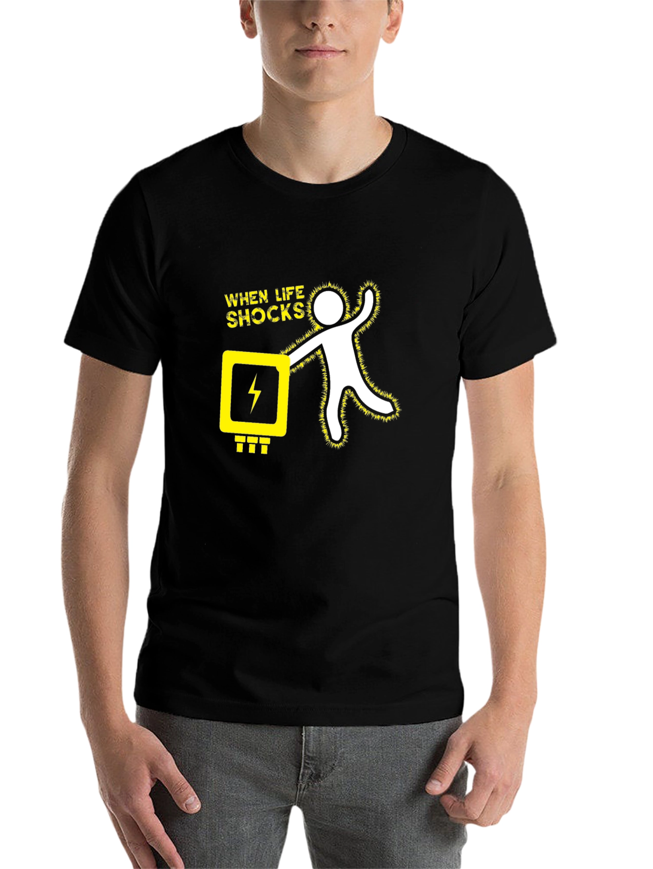 Black When Life Shocks Humor Graphic T-Shirt view 7