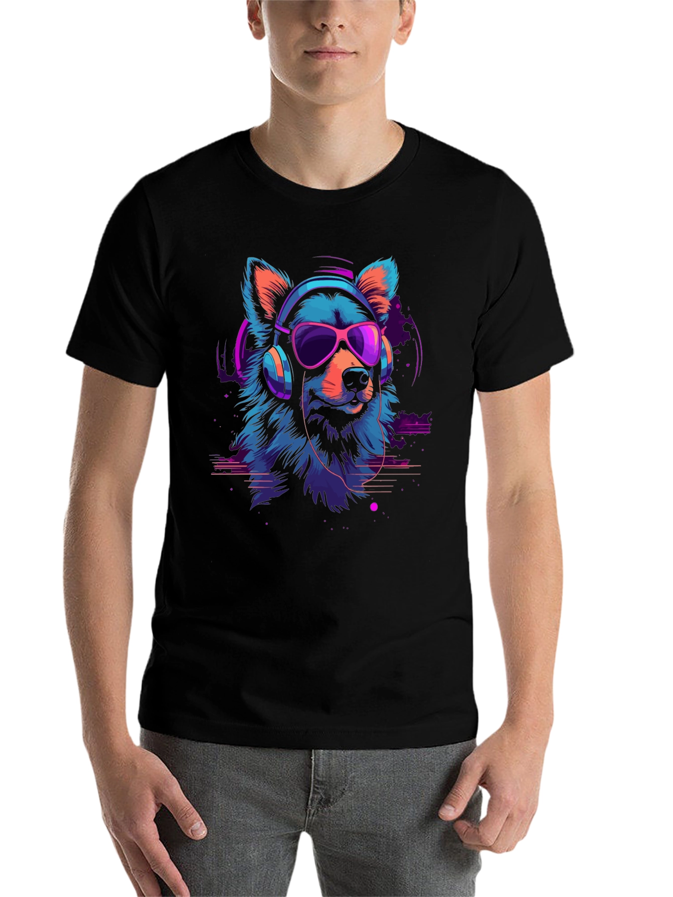 Black Cool Neon Dog Graphic T-Shirt view 7