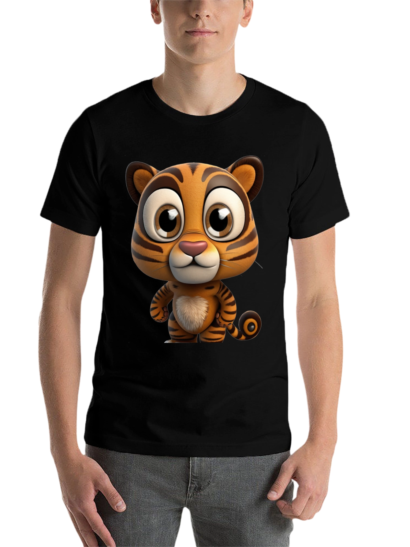 Black Cartoon Tiger Graphic Tee - Soft Black Cotton T-Shirt view 7