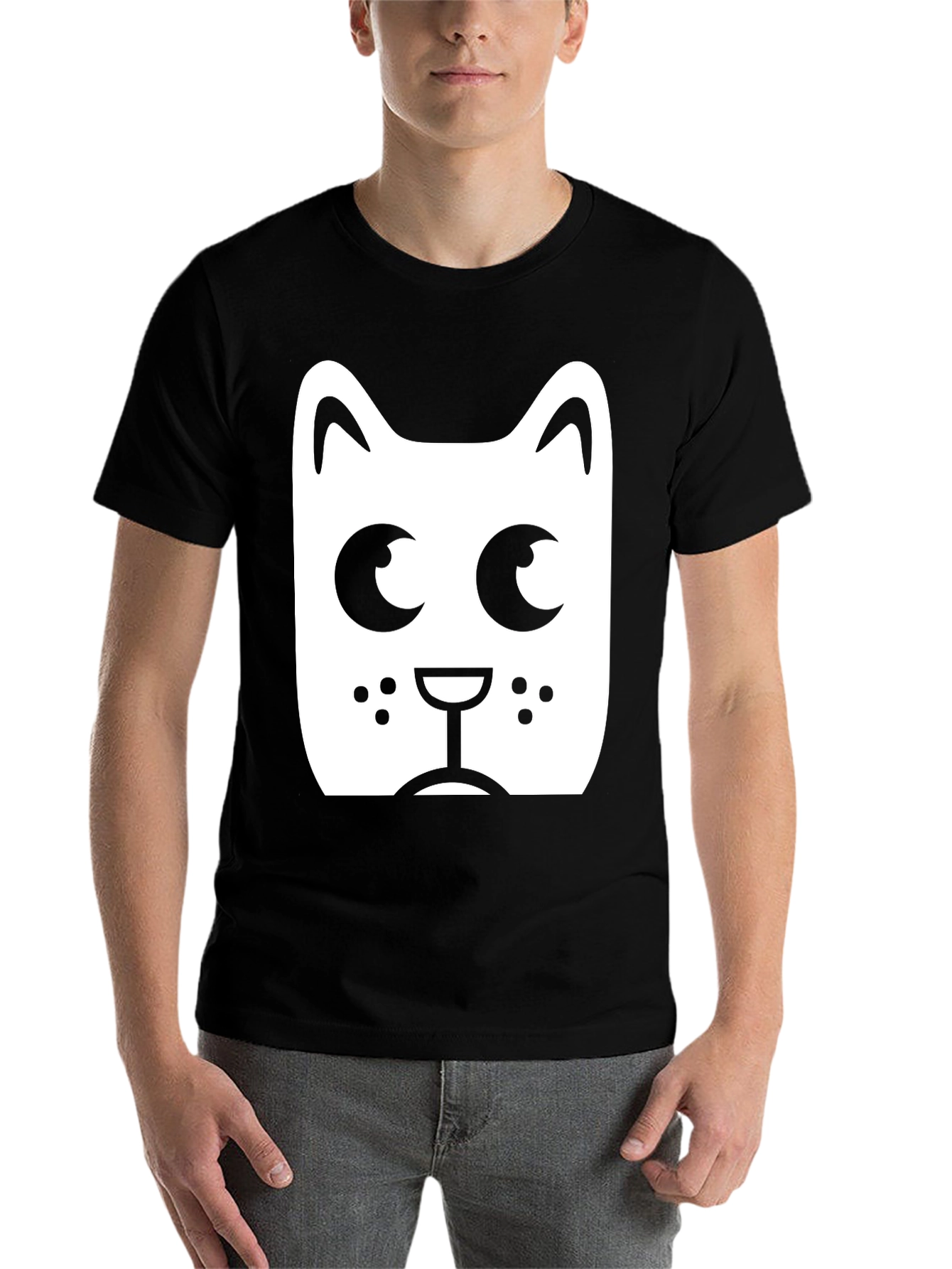 Black Cute Cartoon Cat Face Black T-Shirt view 7