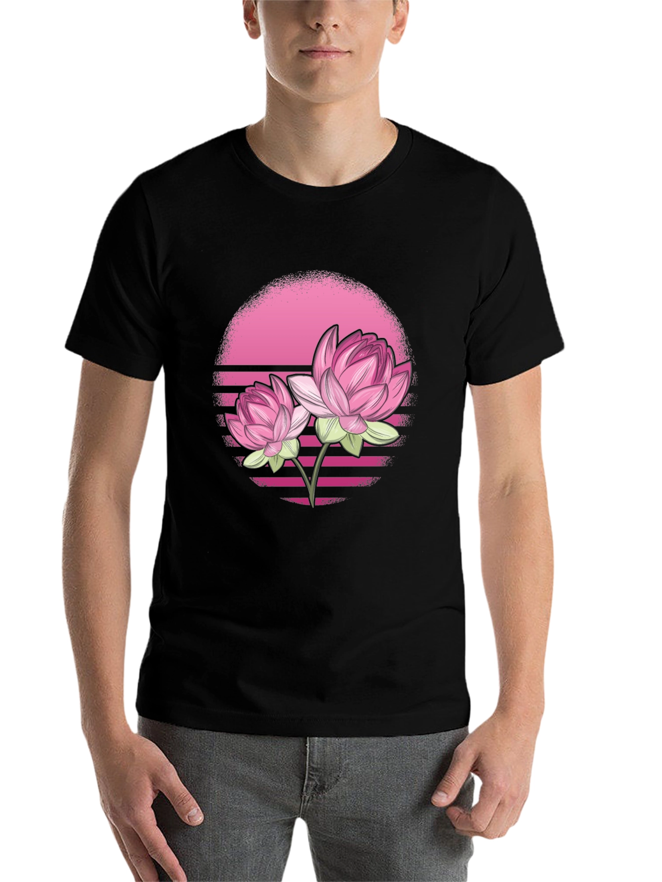 Black Pink Lotus Flower Graphic T-Shirt - Black view 7