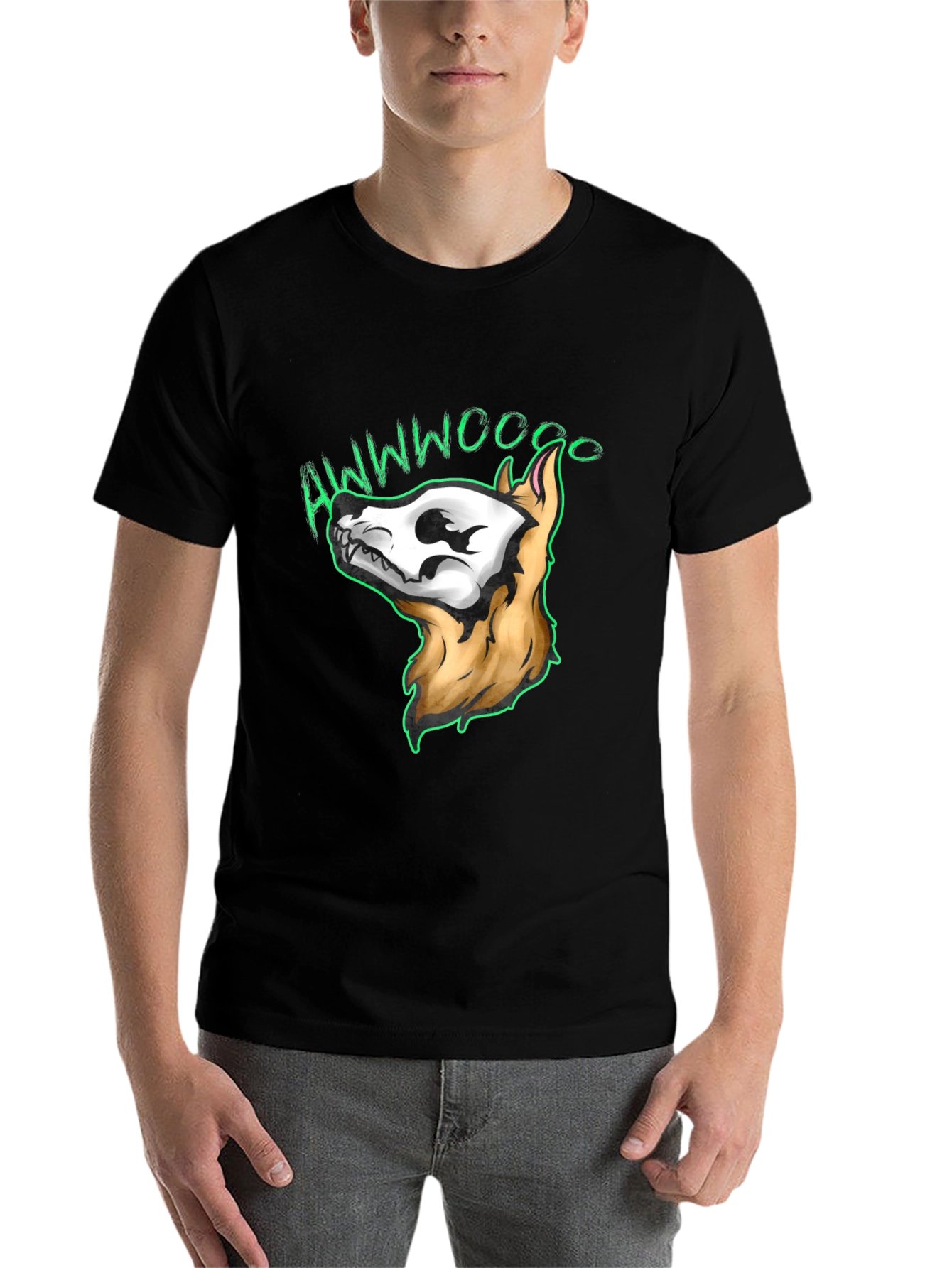 Black Awwwwoooo Skeleton Dog T-Shirt view 7