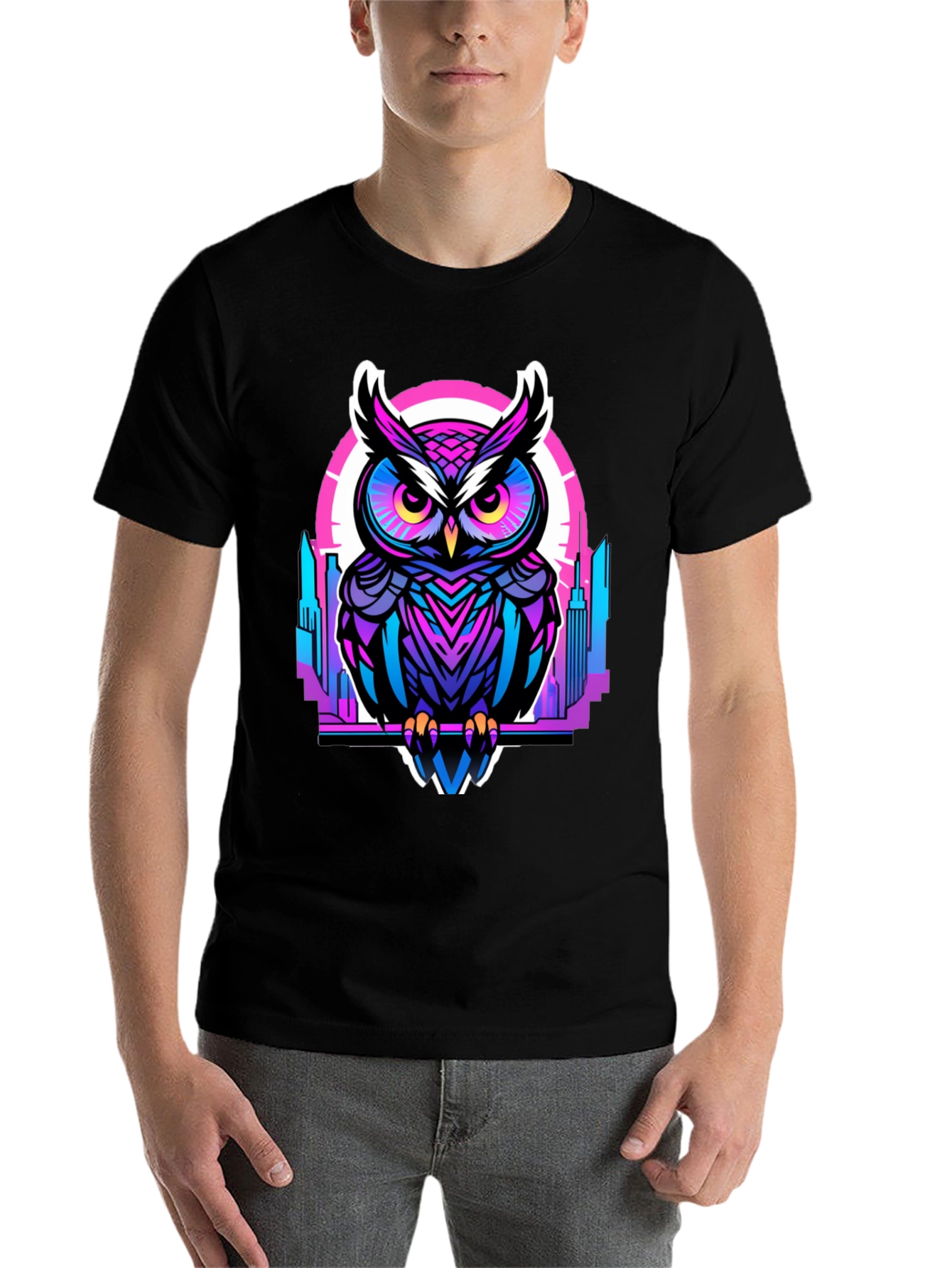 Black Cyberpunk Owl Graphic Tee - Men's Black T-Shirt view 7
