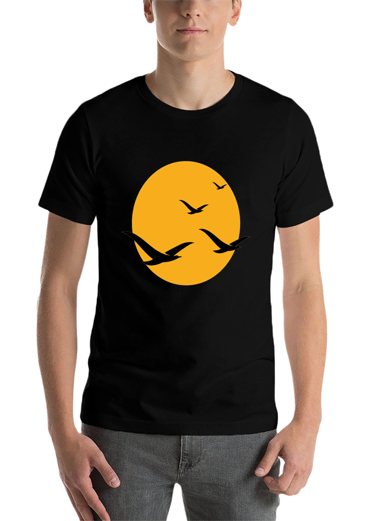 Black Men's Black T-Shirt with Birds and Moon Design view 7
