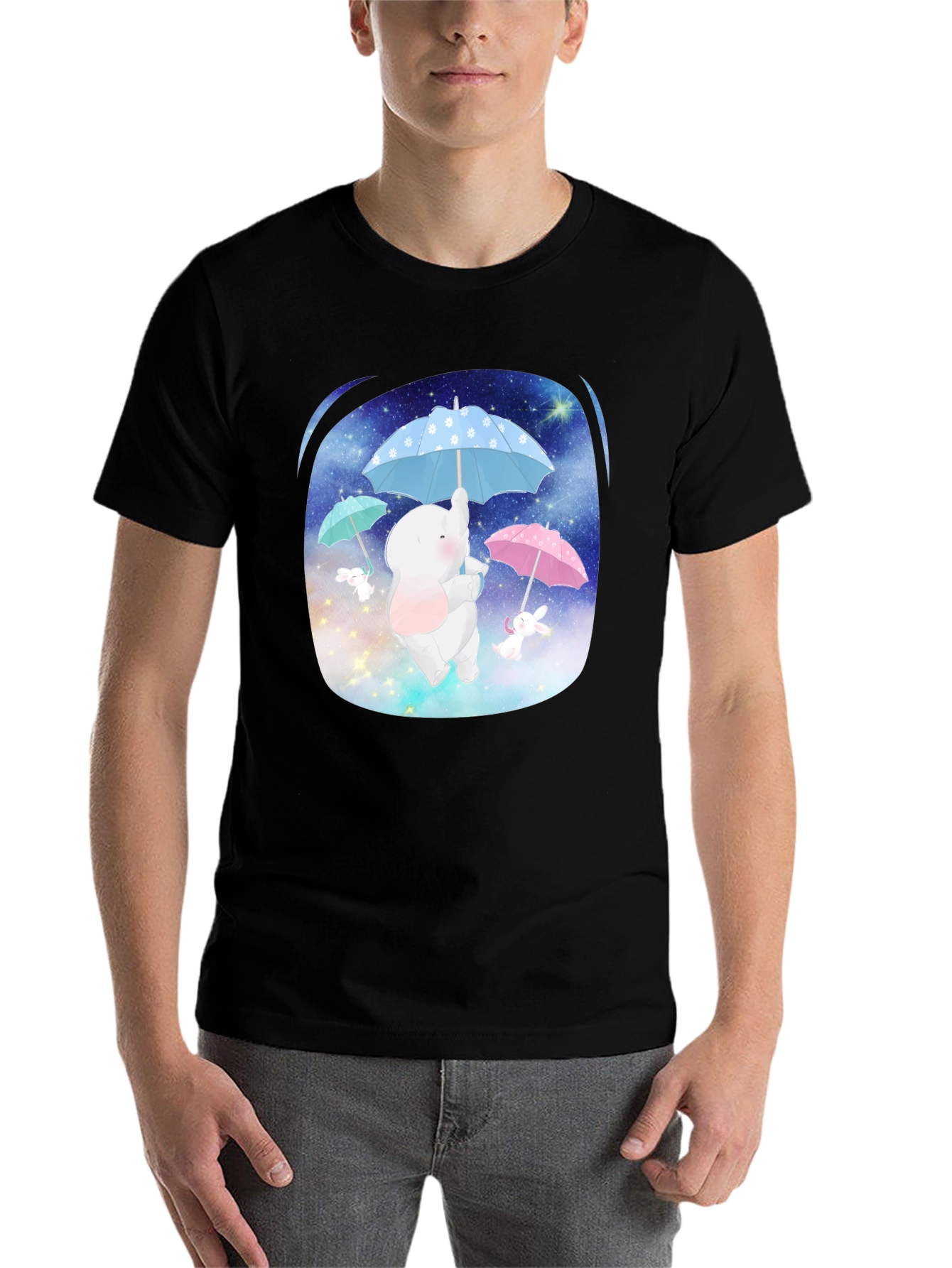 Black Cute Elephant & Bunny Tee - Dreamy Design view 7