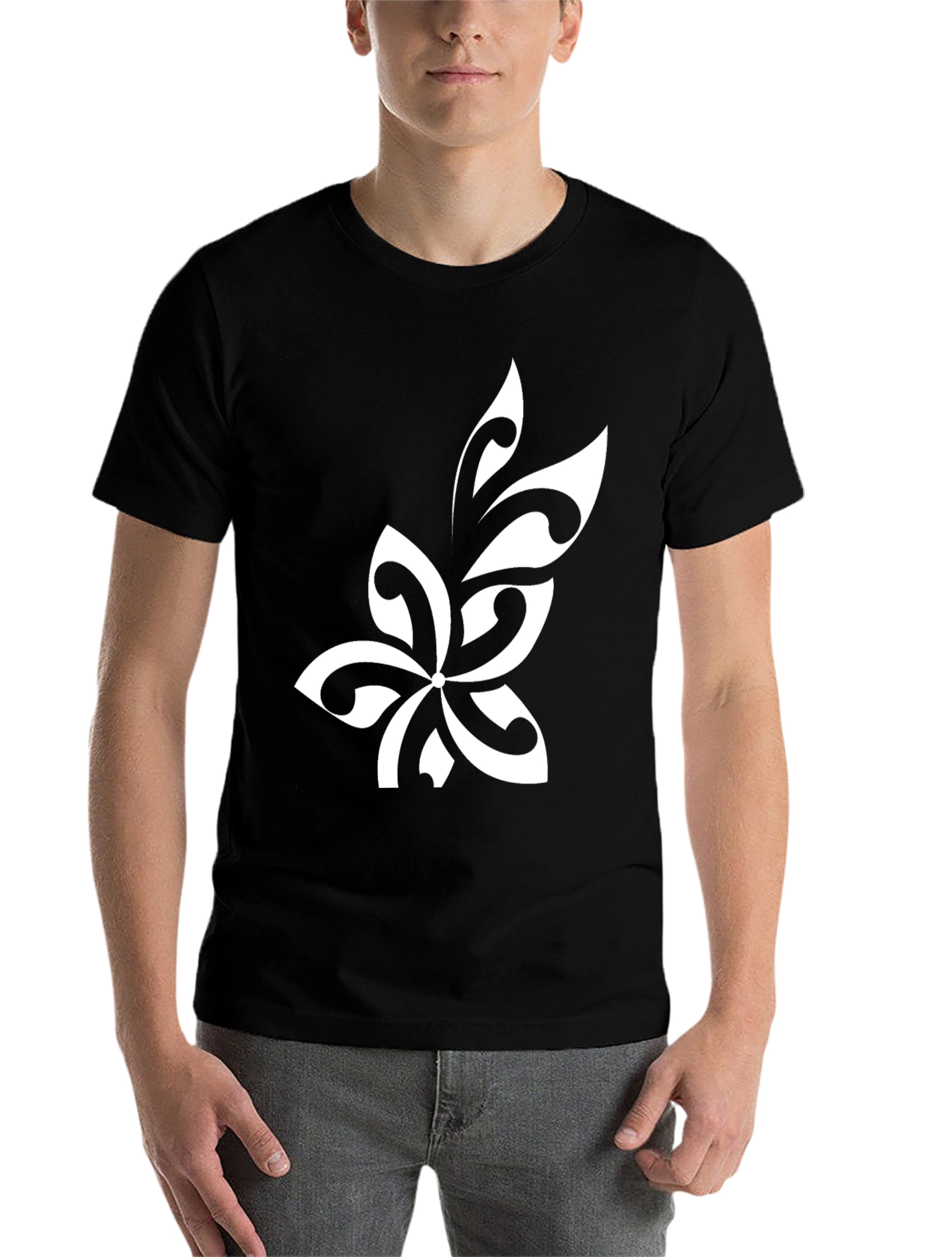 Black Tribal Flower Graphic Tee - Black Cotton Blend view 7