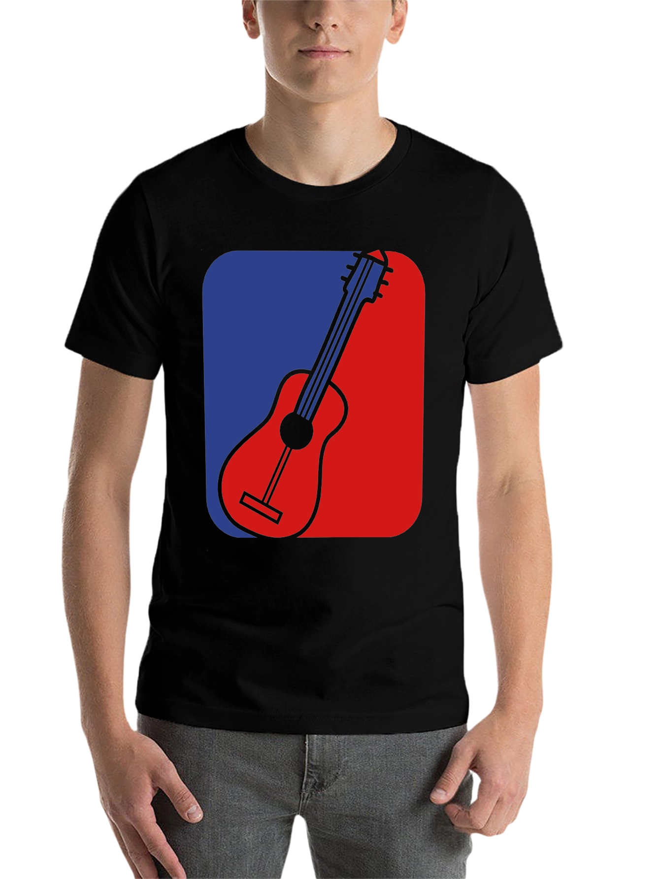 Black Guitar Graphic Tee - Blue & Red Design, Black T-Shirt view 7