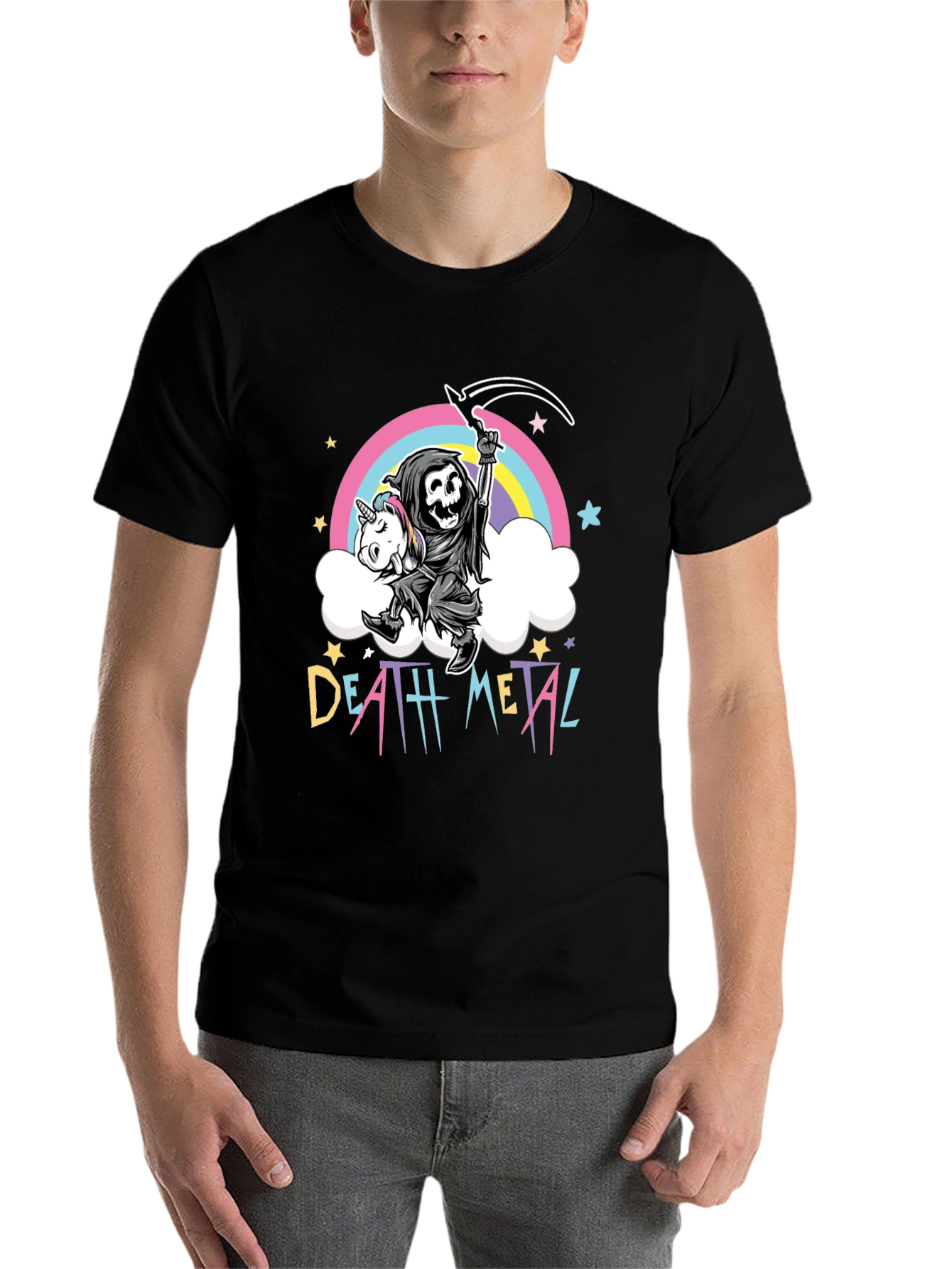 Black Death Metal Grim Reaper Unicorn T-Shirt view 7