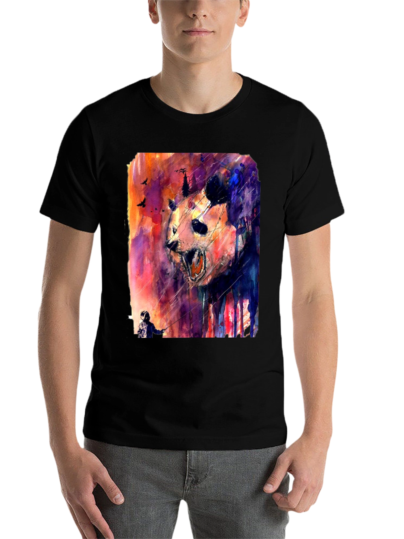 Black Panda Watercolor Graphic Print Black T-Shirt view 7