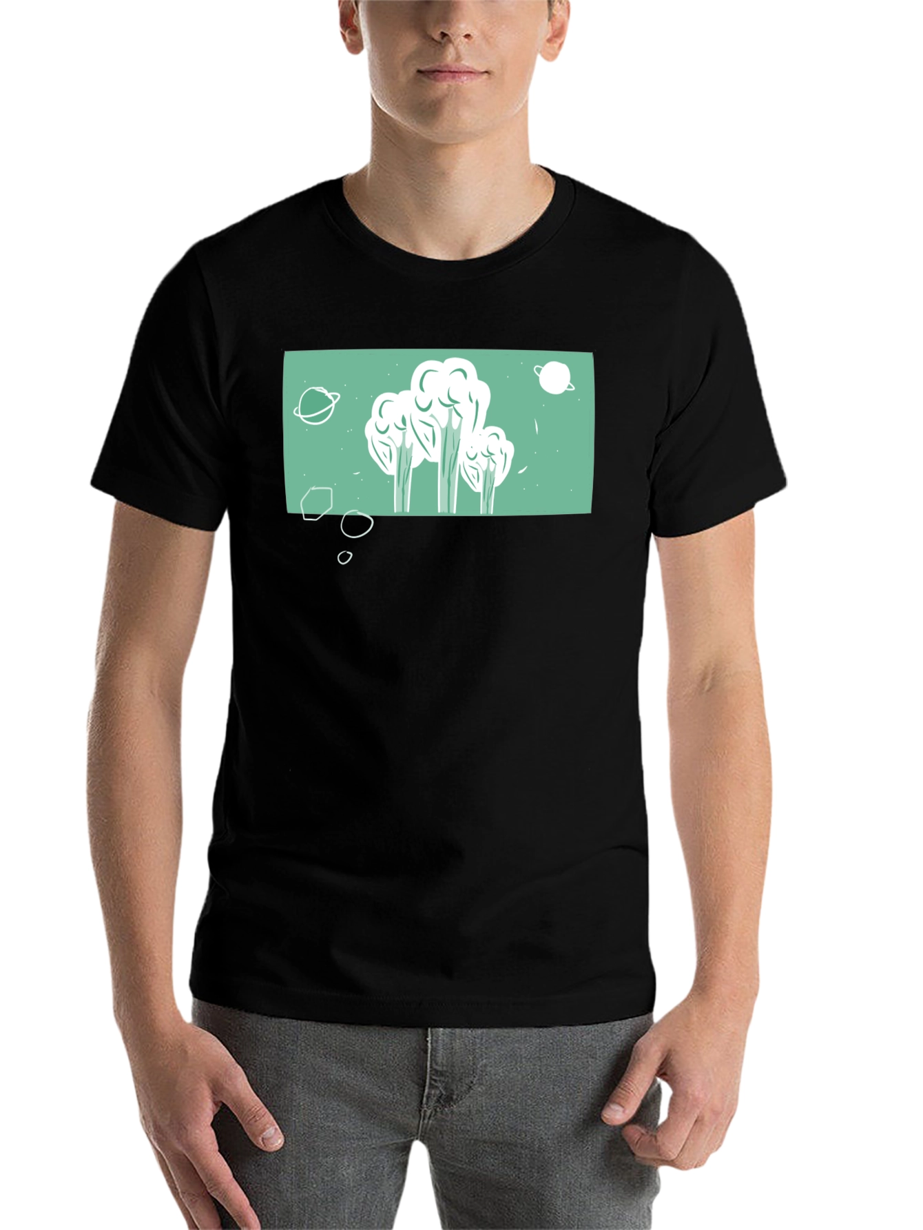 Black Space Broccoli T-Shirt - Quirky Graphic Tee view 7