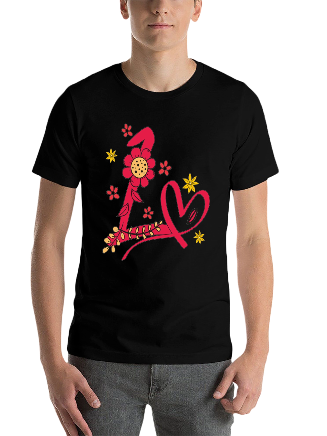 Black Floral Letter L Love Heart Black Graphic Tee view 7