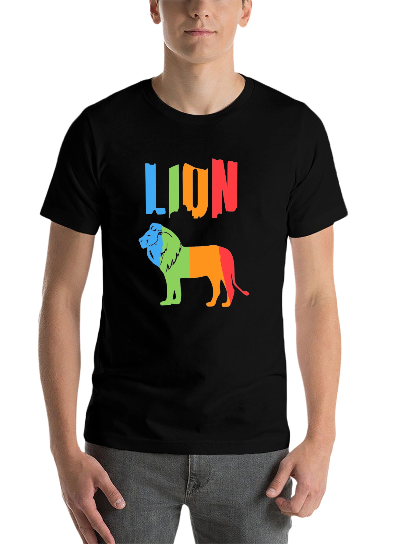 Black Colorful Lion Graphic Tee - Black Crewneck T-Shirt view 7