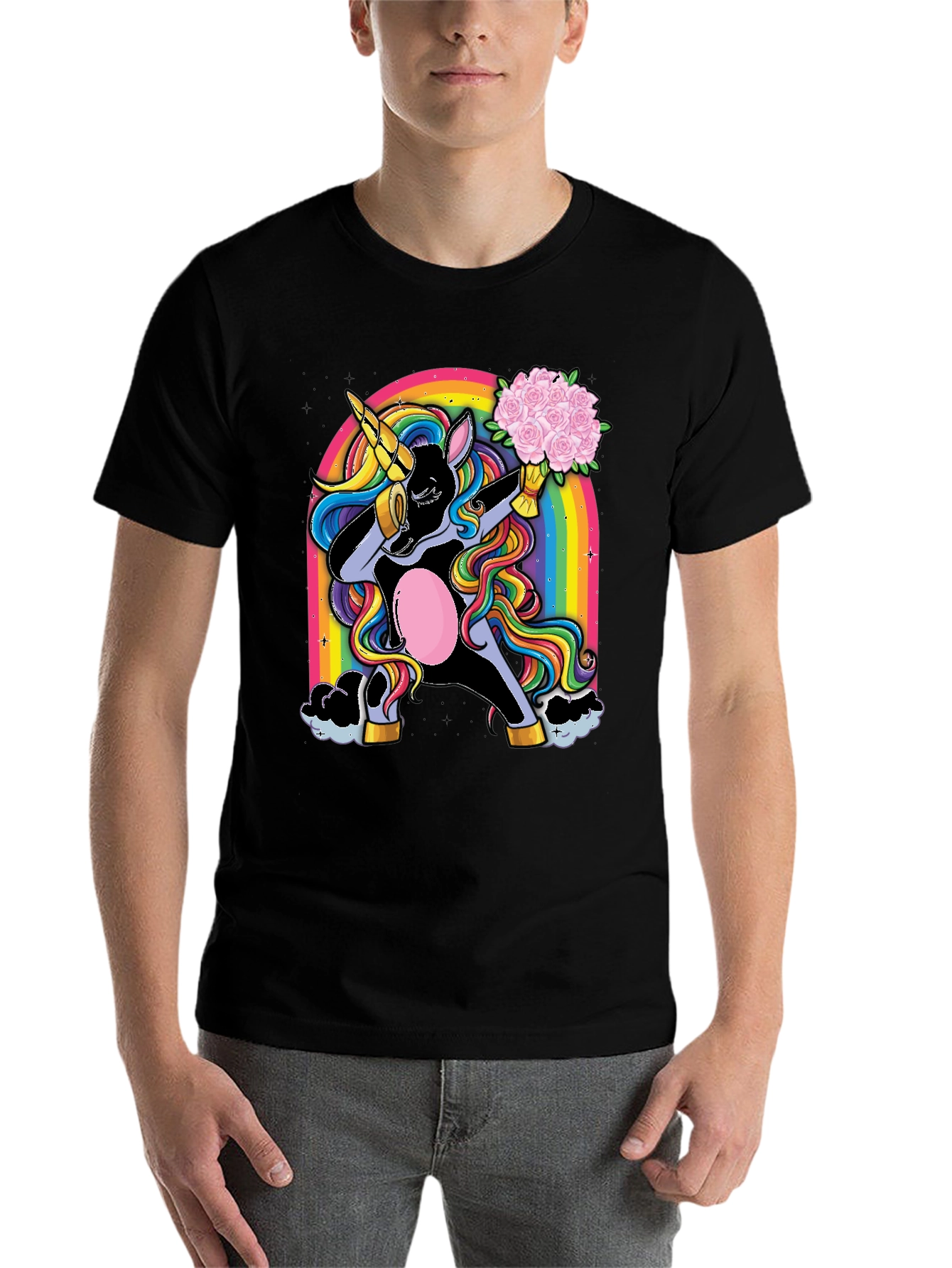 Black Dabbing Unicorn T-Shirt - Rainbow & Flowers view 7