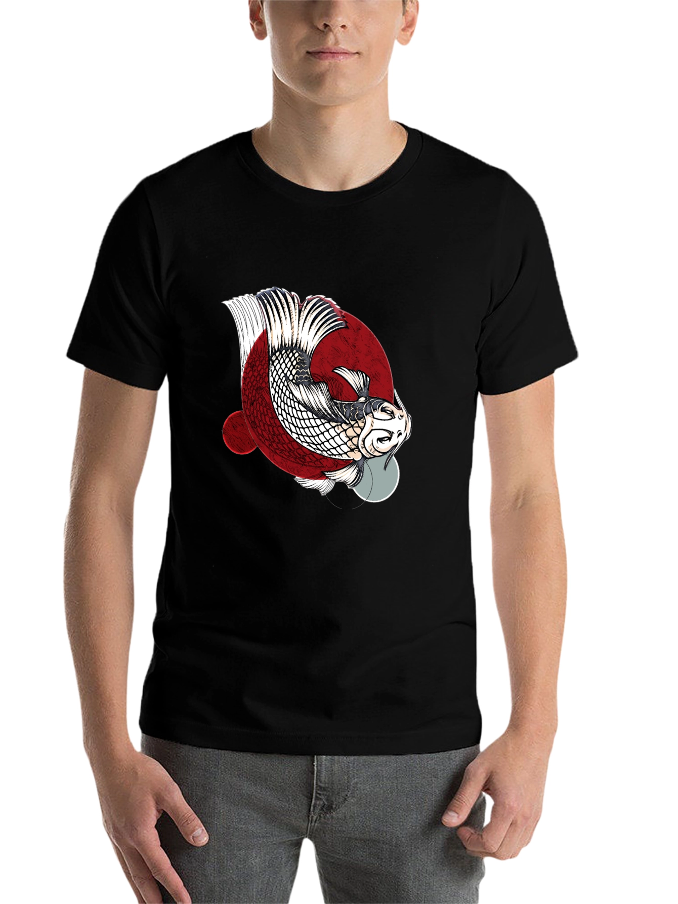 Black Koi Fish Graphic Print Crew Neck T-Shirt view 7