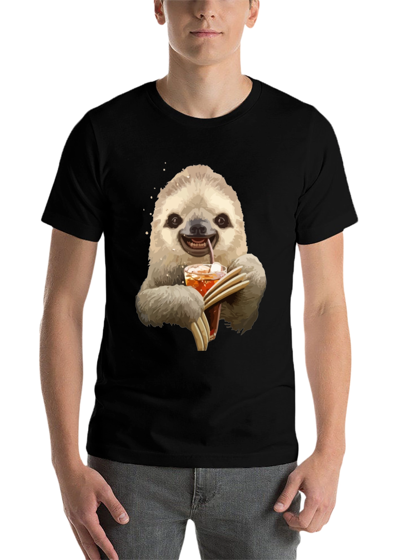 Black Sloth Drinking Iced Tea Graphic T-Shirt view 7