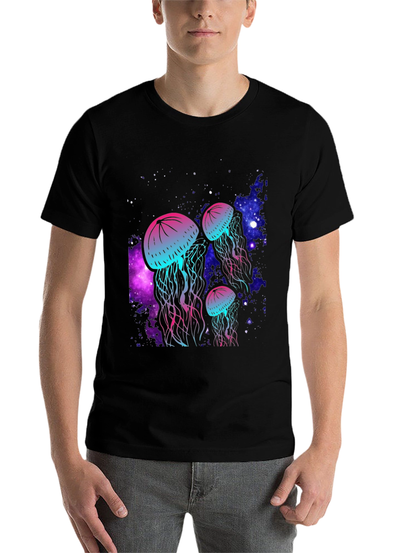 Black Neon Jellyfish Galaxy T-Shirt view 7