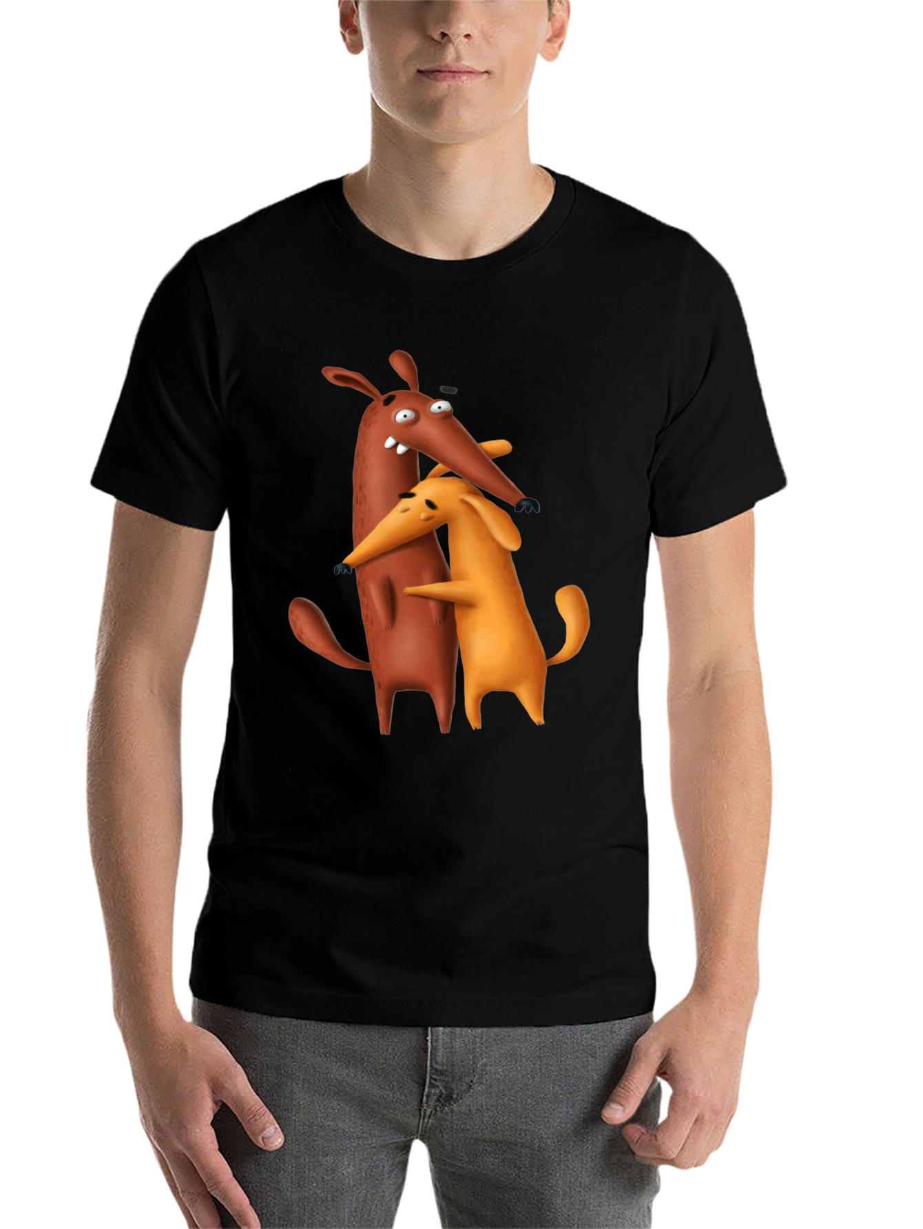 Black Cartoon Dog Hug Black T-Shirt view 7