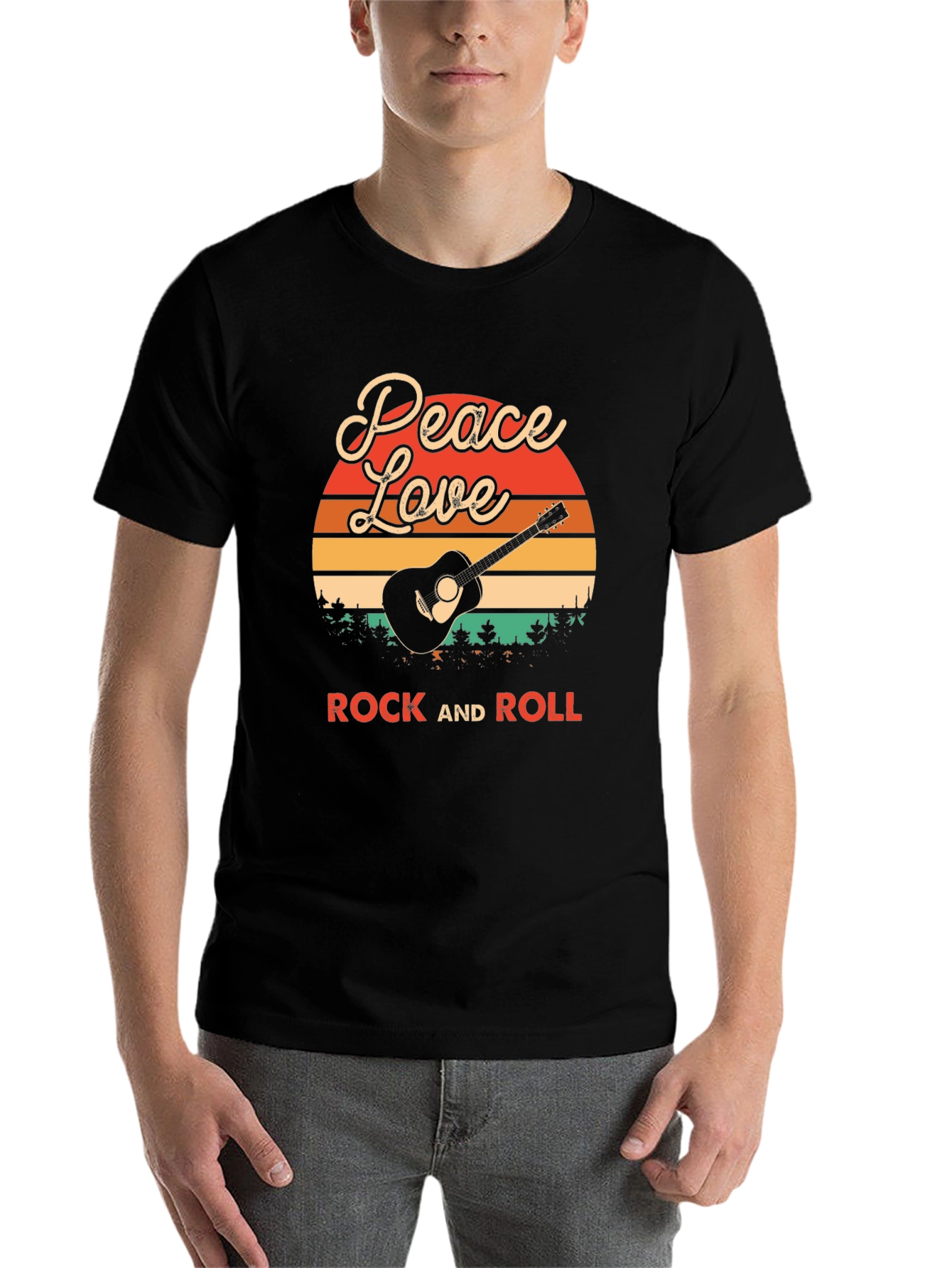 Black Peace Love Rock and Roll Graphic T-Shirt view 7